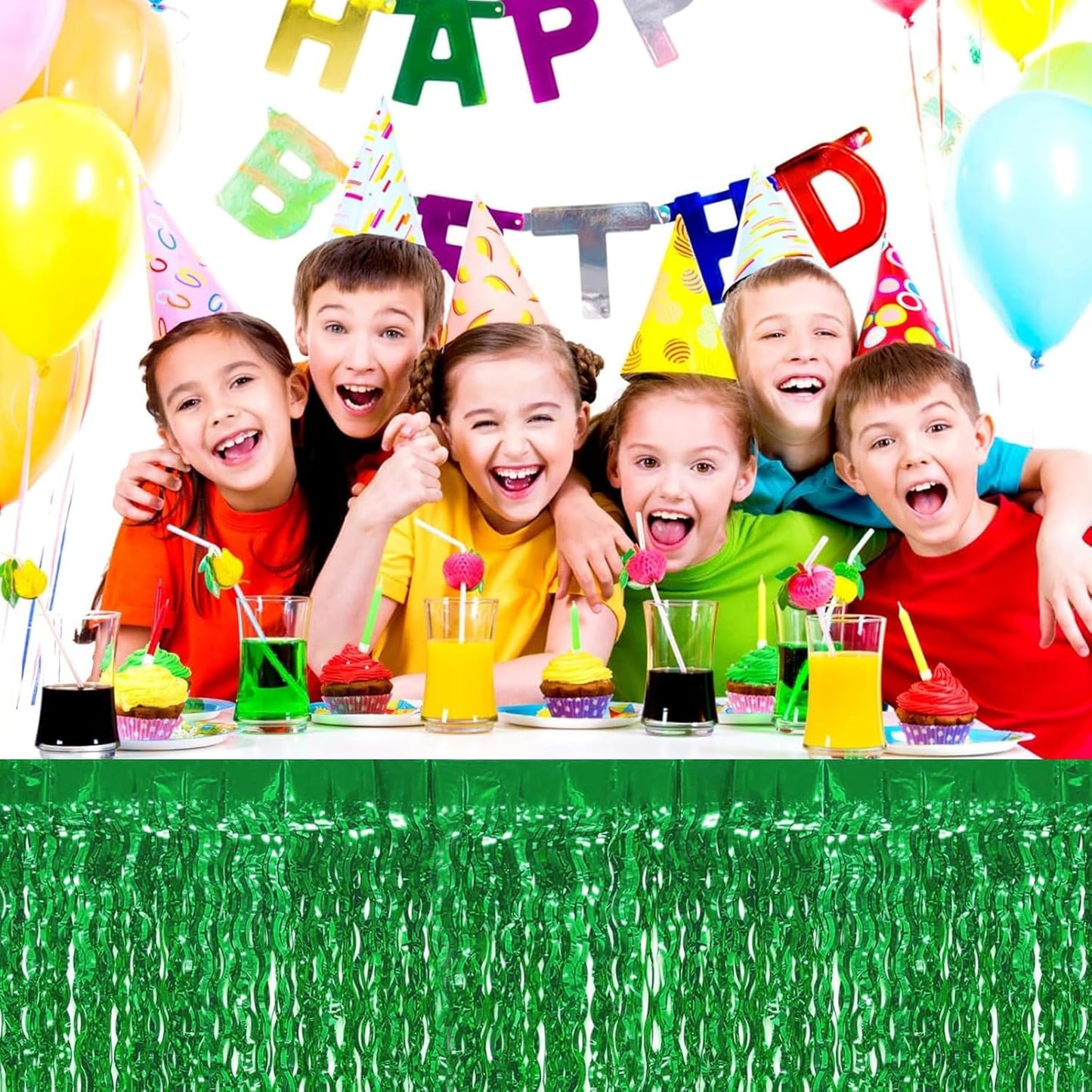 4P Wavy Metallic Tinsel Foil Fringe Table Skirts for Rectangle Tables Backdrop Garland Curtains for Parade Floats Wedding Birthday Parties Decoration Graduation 2025 Christmas (Green)