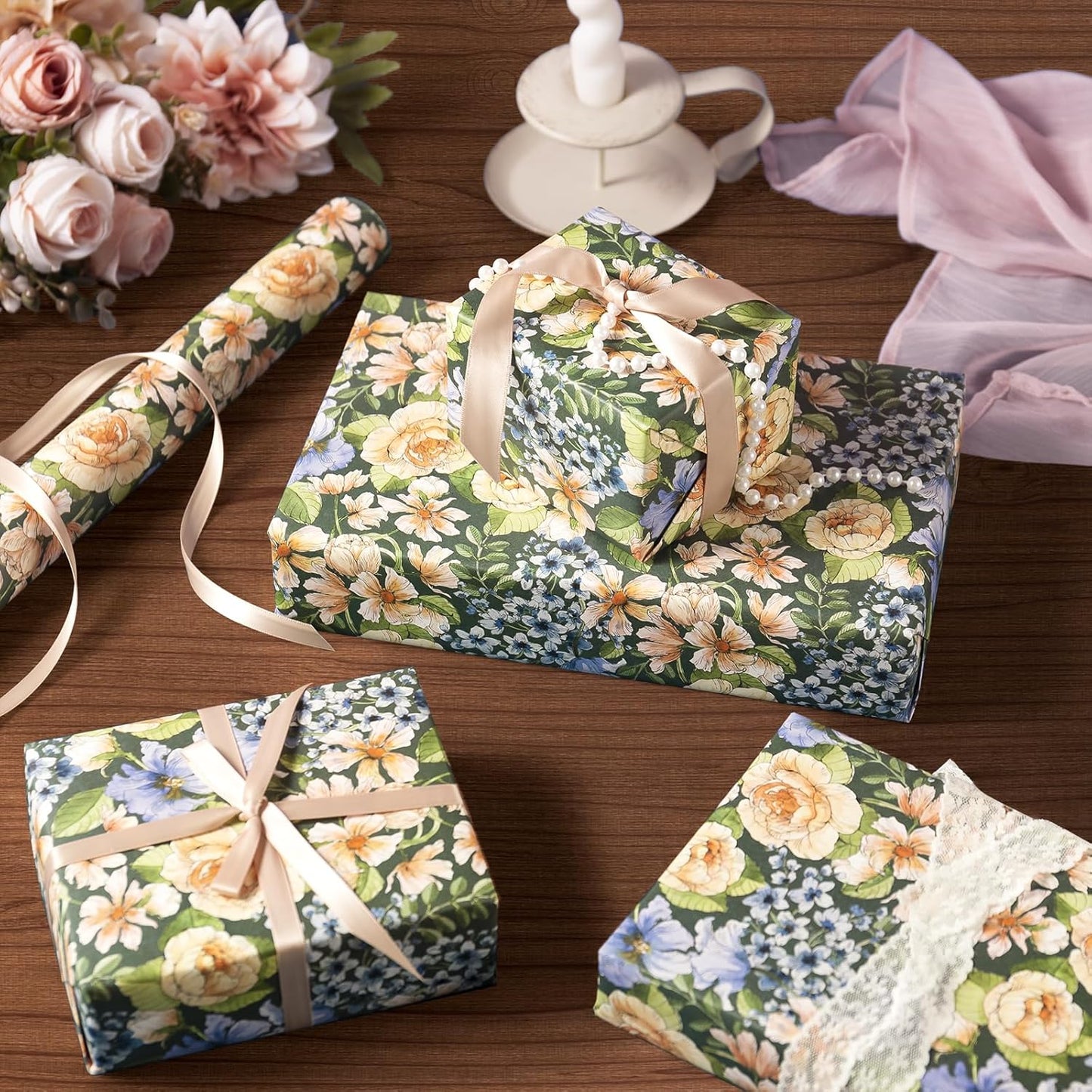 WRAPAHOLIC Kraft Floral Wrapping Paper Roll - Mini Roll - 17 Inch x 16.5 Feet - Vintage Flower Wrapping Paper Perfect for Wedding, Birthday, Bridal Shower, Tea Party