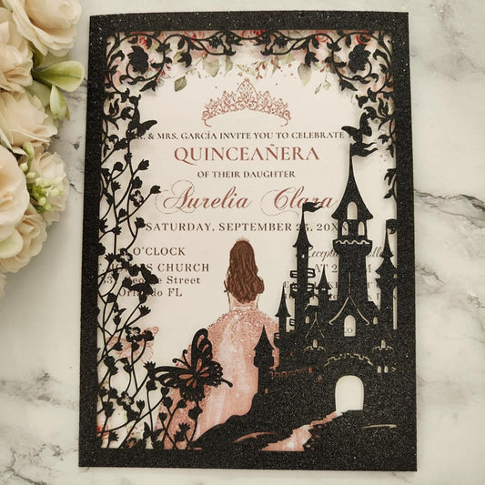 20PCS Castle Pocket Invitations, Quinceanera Invitations with Envelopes, Princess Invitation, Laser Cut quince invites (glitter black)