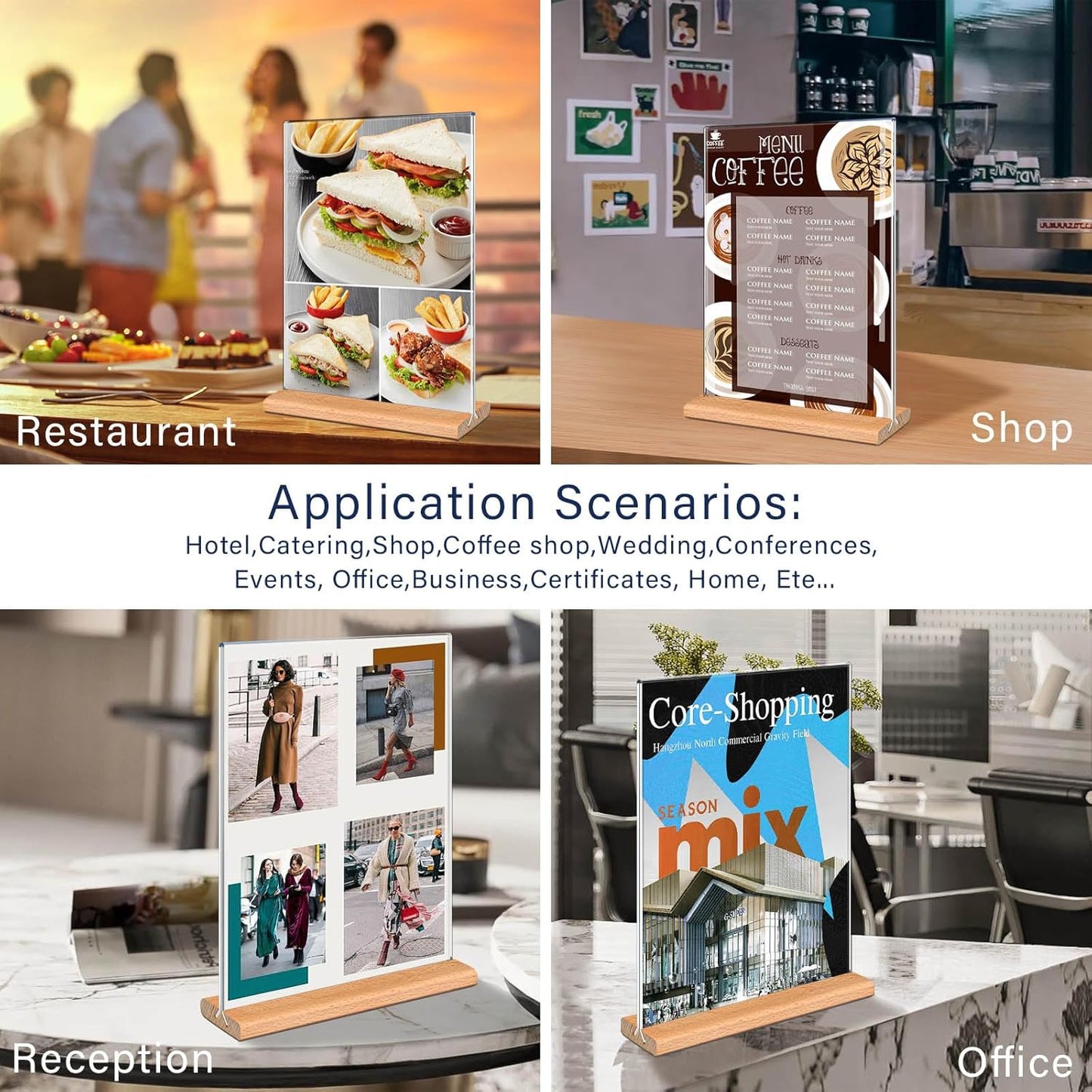 Kersally Acrylic Sign Holder 4 x 6, 4 Pack Double-Sided Clear Table Display Stands with Wood Base,Vertical Acrylic Frame Menu Flyer Paper Holder for Stores, Restaurants, Hotels, Office, Show Fair