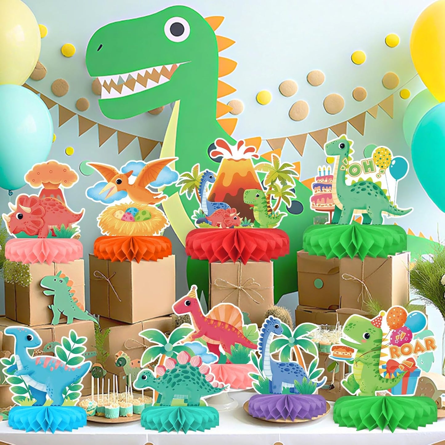 Dinosaur Birthday Party Supplies Kit - Dinosaur Themed Table Decorations with Honeycomb Centerpiece for Splendid Dinosaur Birthday Party Decorations