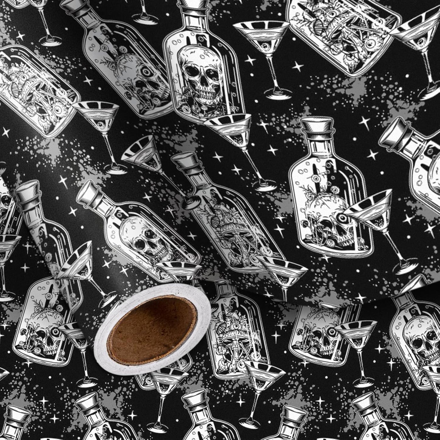 LeZakaa Halloween Wrapping Paper Roll, Gothic Skull-in-Bottle and Eye Cocktail Glass in Black, Spooky Gift Wrap for Horror Lovers, Goth Style Party, Trick or Treat, Mini Roll 17 In x 16.4 Feet