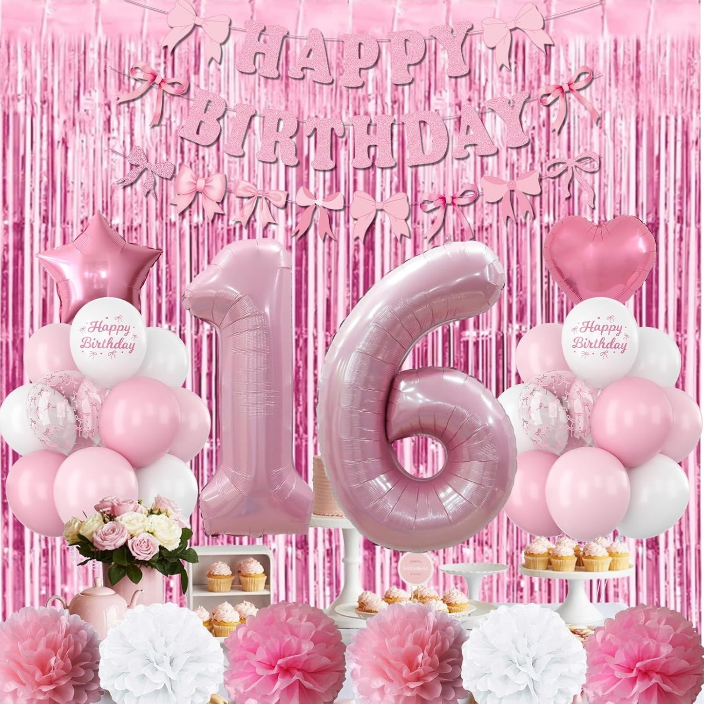 16th Birthday Decorations for Girls Pink Number 16 Balloon Bow Coquette Happy Birthday Banner Fringe Curtain Paper Pom Poms Star Heart Foil Pink White Balloons 16 Year Old Party Decor for Her