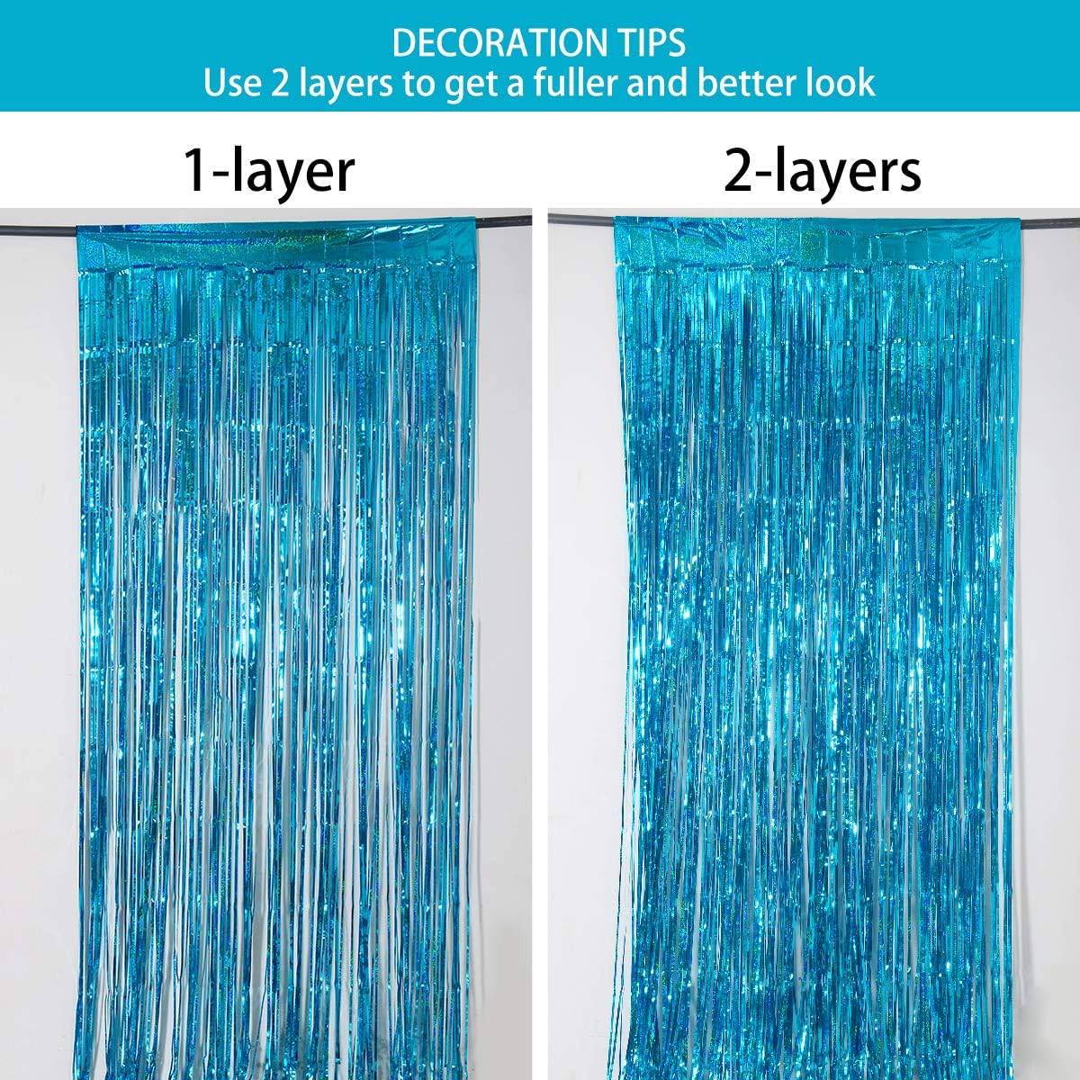 Melsan 2 Pack 3.2 ft x 8.2 ft Teal Tinsel Foil Fringe Curtains Backdrop, Sparkle Metallic Foil Curtains for Frozen/Mermaid/Under Sea Birthday Party Decoration