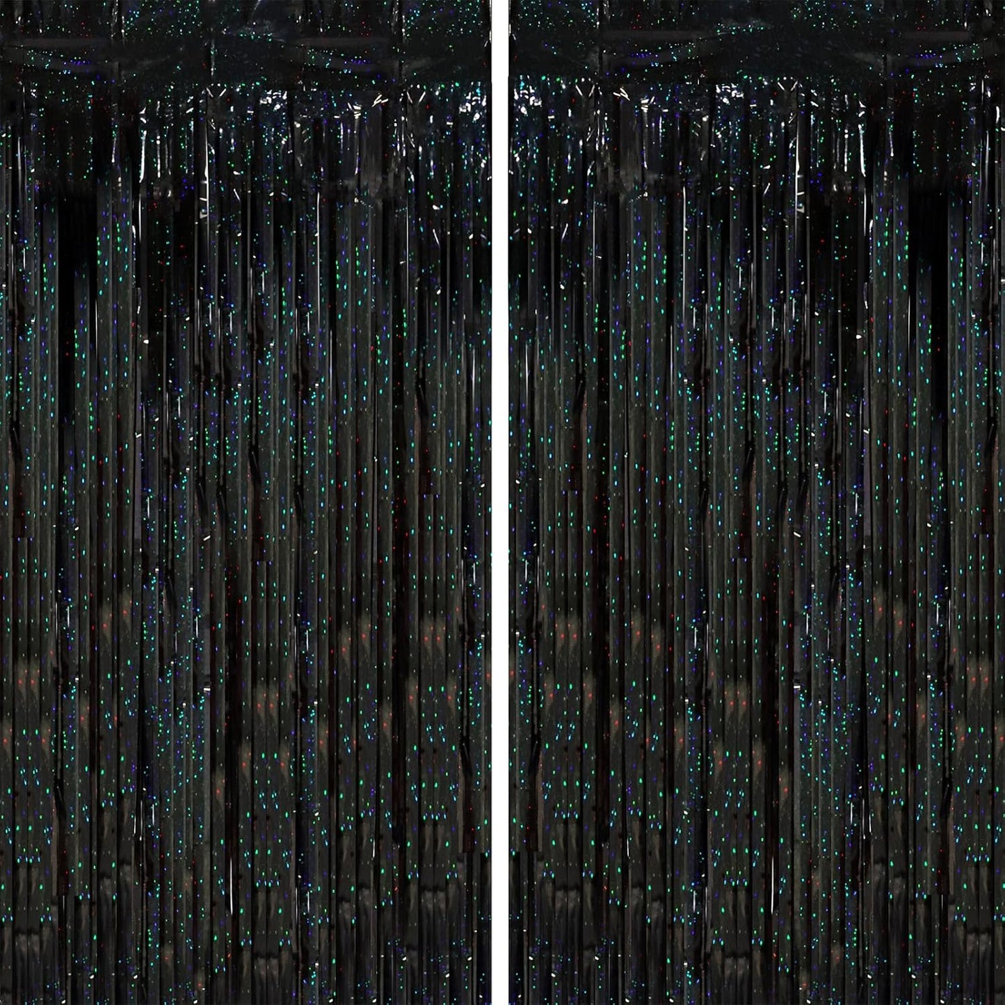 2 Pack Laser Black Tinsel Foil Fringe Curtains, Black Party Decorations, Metallic Tinsel Party Streamers Backdrop for Birthday Halloween Masquerade New Years Gatsby 1920s Party Decorations