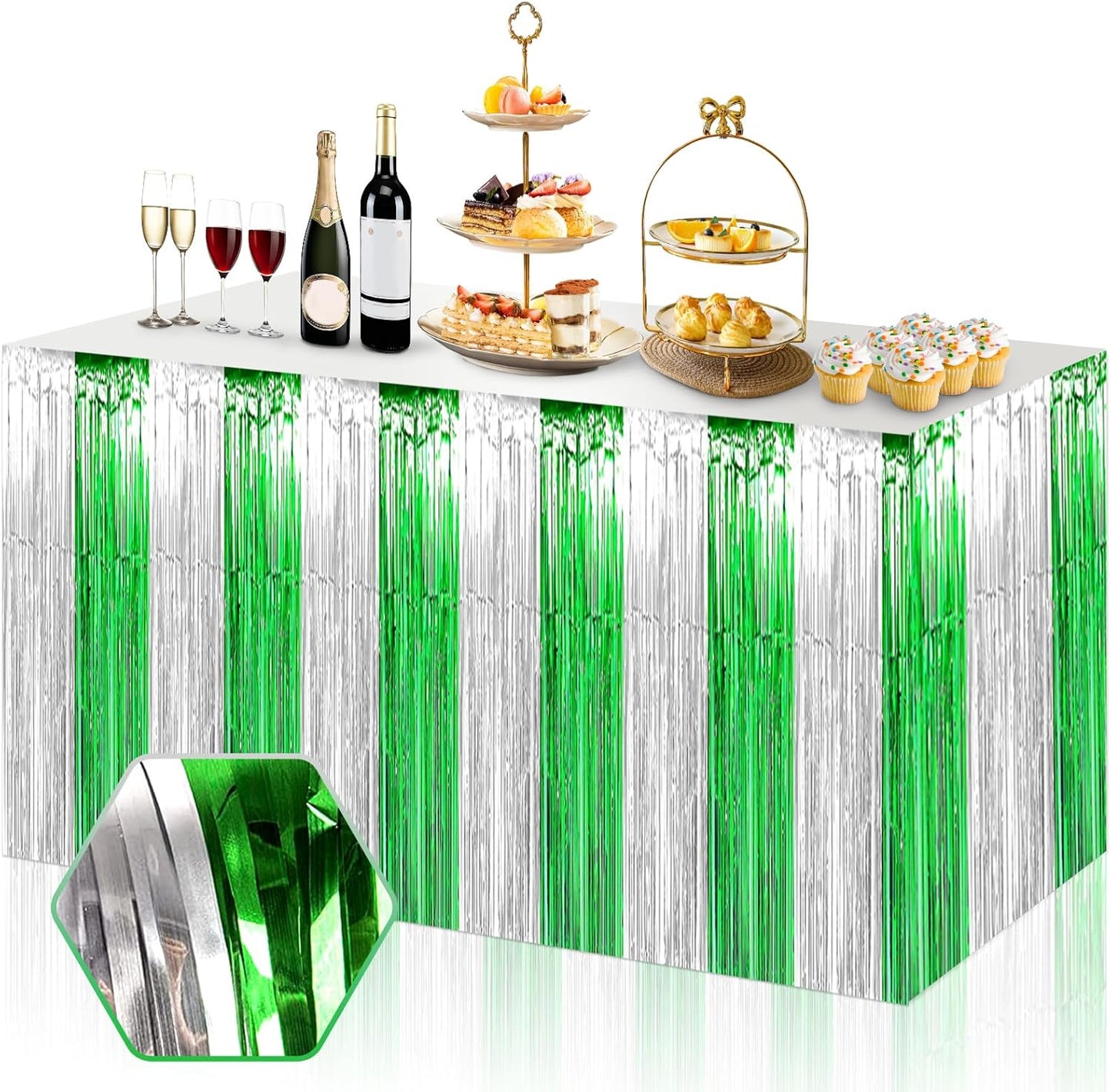 3 Pack 29x108 Inch Silver Green Foil Fringe Table Skirts Metallic Banner for Tinsel Streamer Garland Backdrop for Parade Floats Wedding Thanksgiving Birthday Christmas Halloween Party Decoration