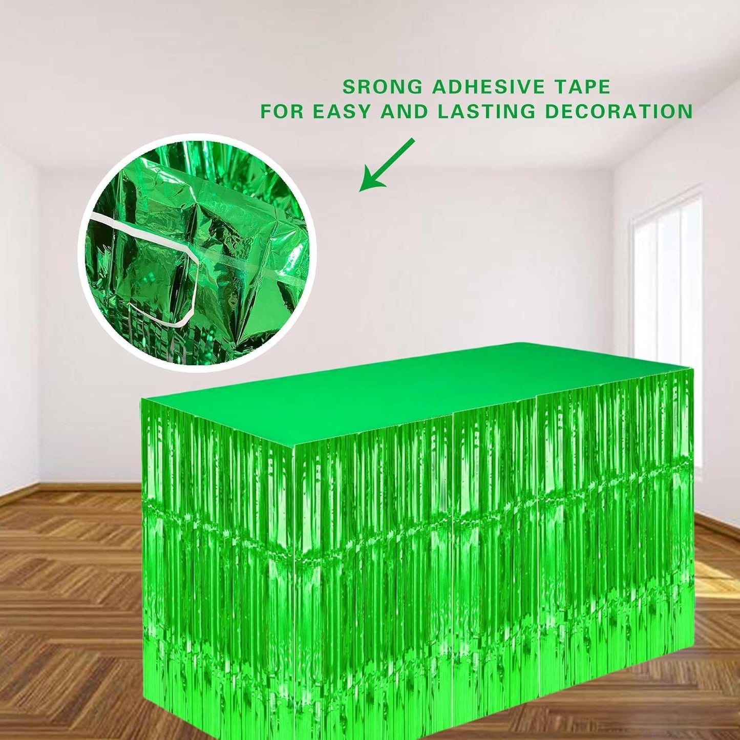 Green Streamers Party Decorations, 2 Packs Green Table Skirts Metallic Foil Fringe Tinsel for Birthday Dinosaur Animal St Patrick's Day Football Mardi Gras Graduation Party Supplies -29x108Inch