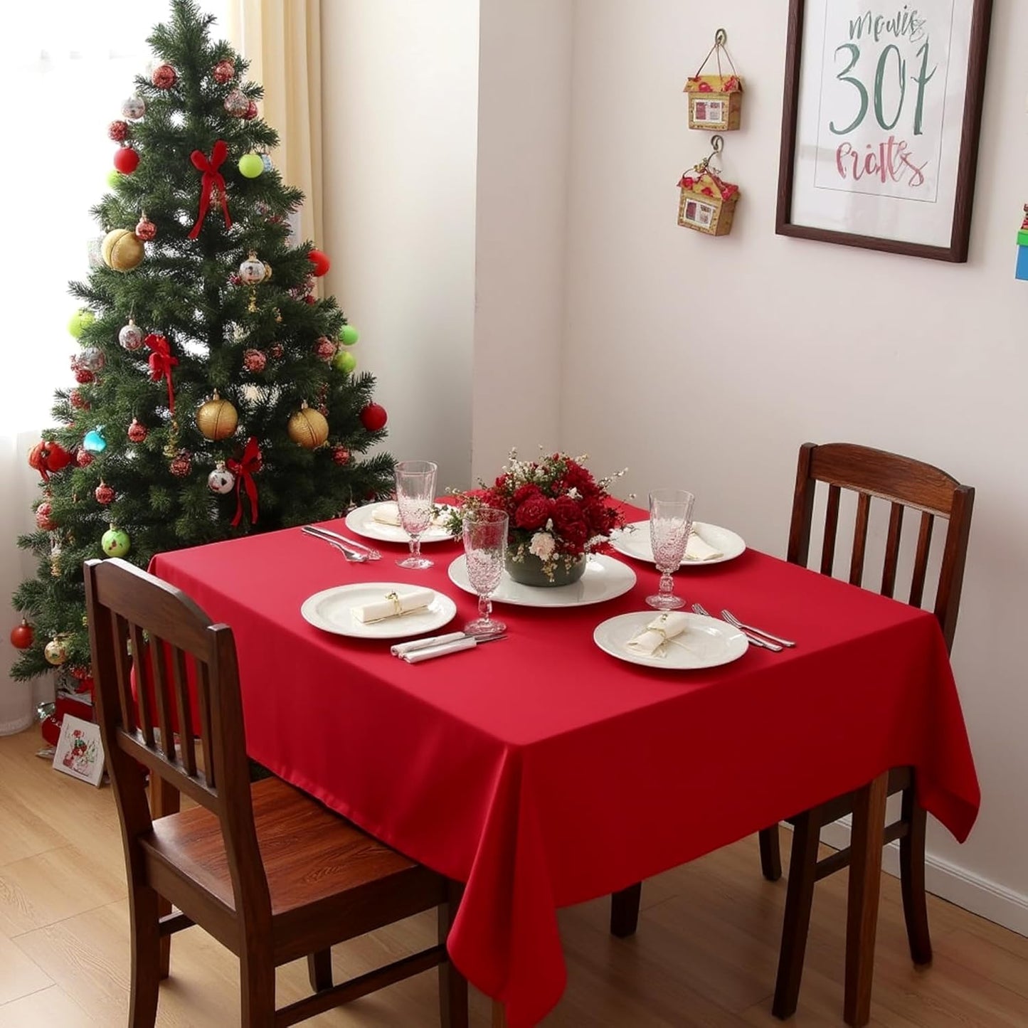 sancua Christmas Red Square Tablecloths 85x85 Inch - Fabric Table Cloth for Square or Round Tables, Washable Polyester Table Cover for Dinner, Holiday Party, Decorative Display Tables