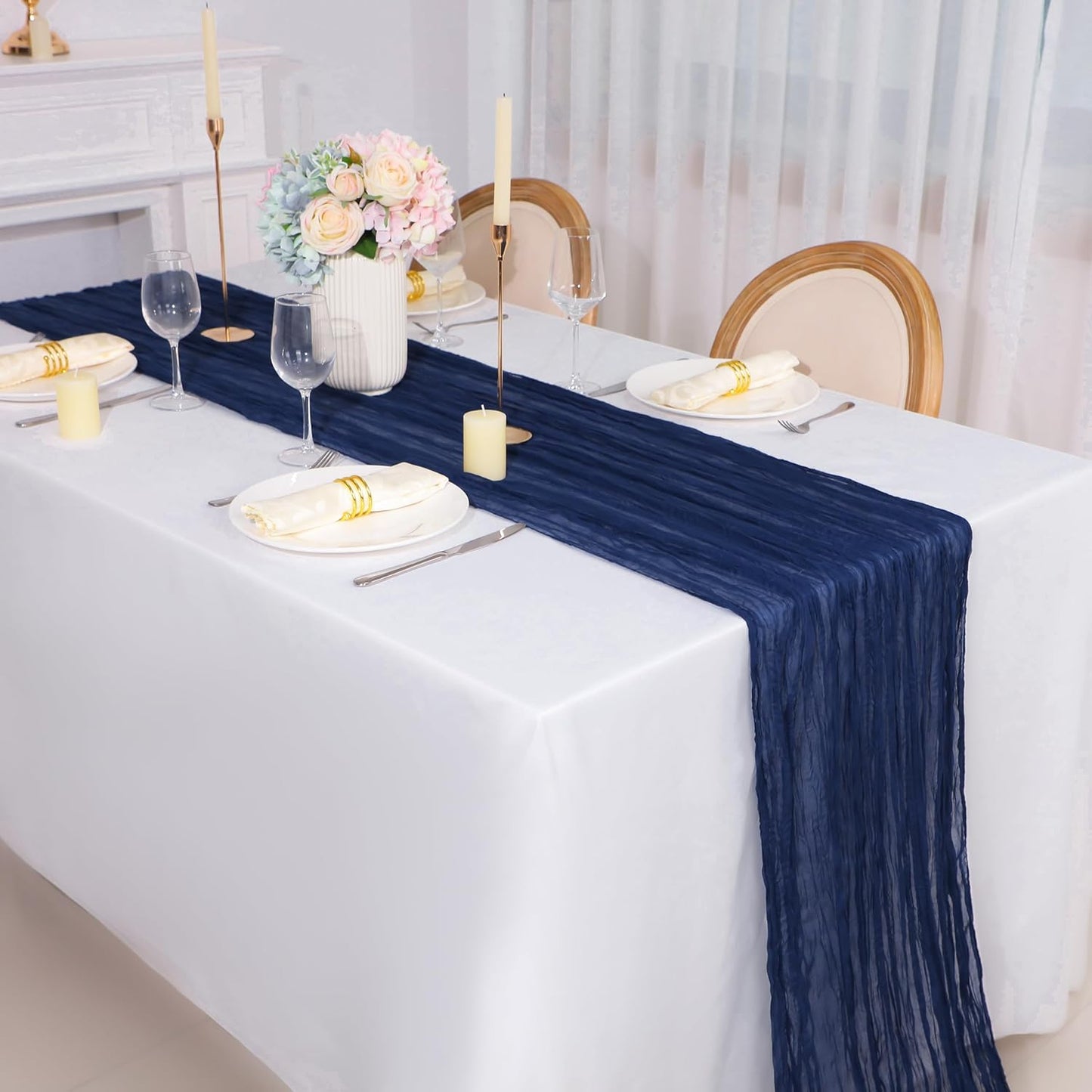 Snowkingdom 13Ft Navy Blue Cheesecloth Table Runner, 160inch Long Cheese Cloth Boho Gauze Runner for Christmas Wedding Bridal Baby Shower Birthday Holiday Party Sheer Table Decorations