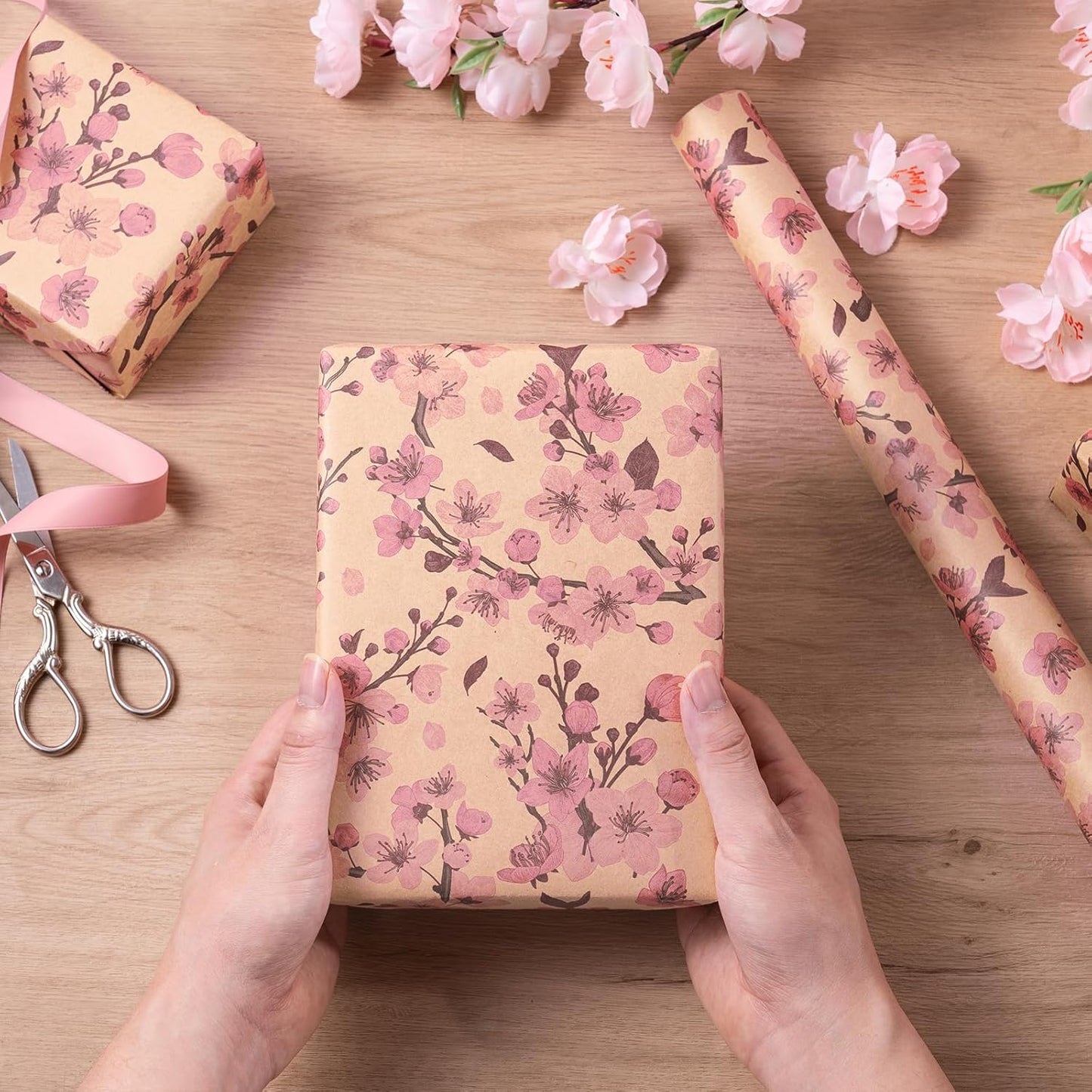 RUSPEPA Cherry Blossom Wrapping Paper Roll for Women Girls, Mini Roll, Pink Sakura Floral Kraft Gift Wrap Paper Perfect for Spring, Wedding, Birthday and Special Occasions, 17 Inches x 16.4 Feet