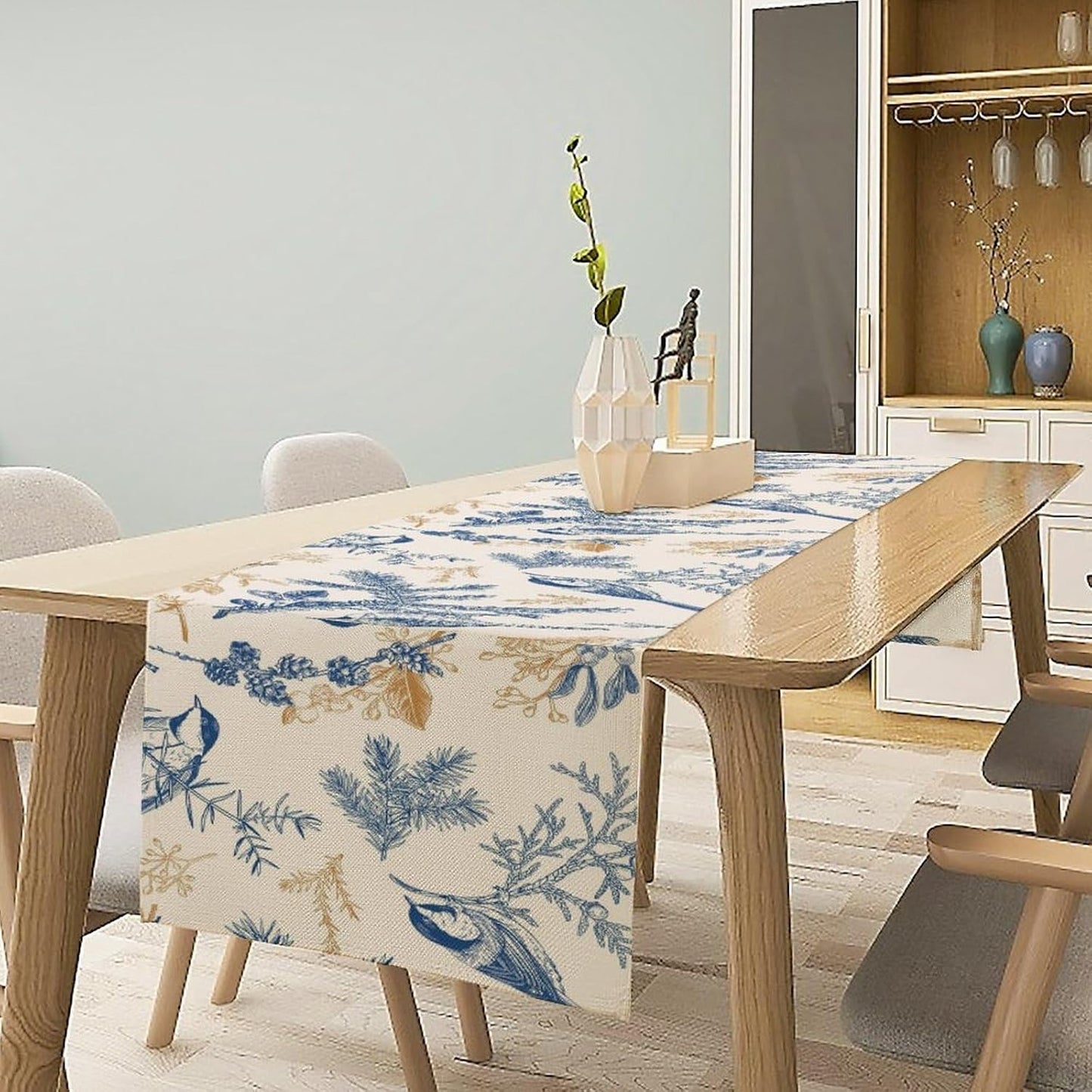 Floral Table Runner,Sketch Birds and Flowers Summer Table Runner Kitchen Dining Table Decoration for Home Party Decor 13x36 Inch