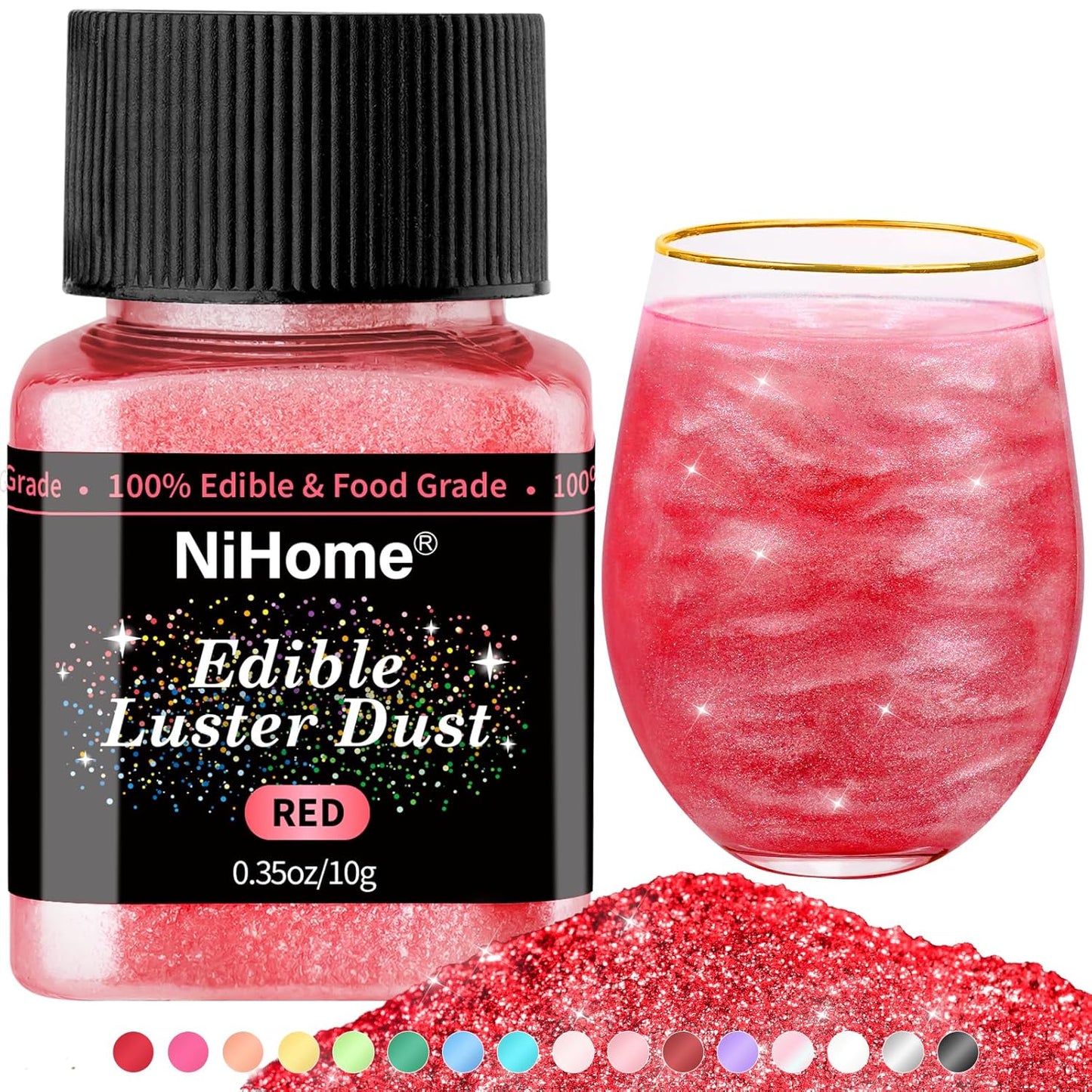 NiHome Edible Food-Grade Glitter Powder Glimmer Luster Dust Metallic Fancy Food Decorating Sprinkle Glimmery Dust for Drink Wine Beverage Cake Bakery Vegan Allergen-Free (Red, 0.35oz/10g)