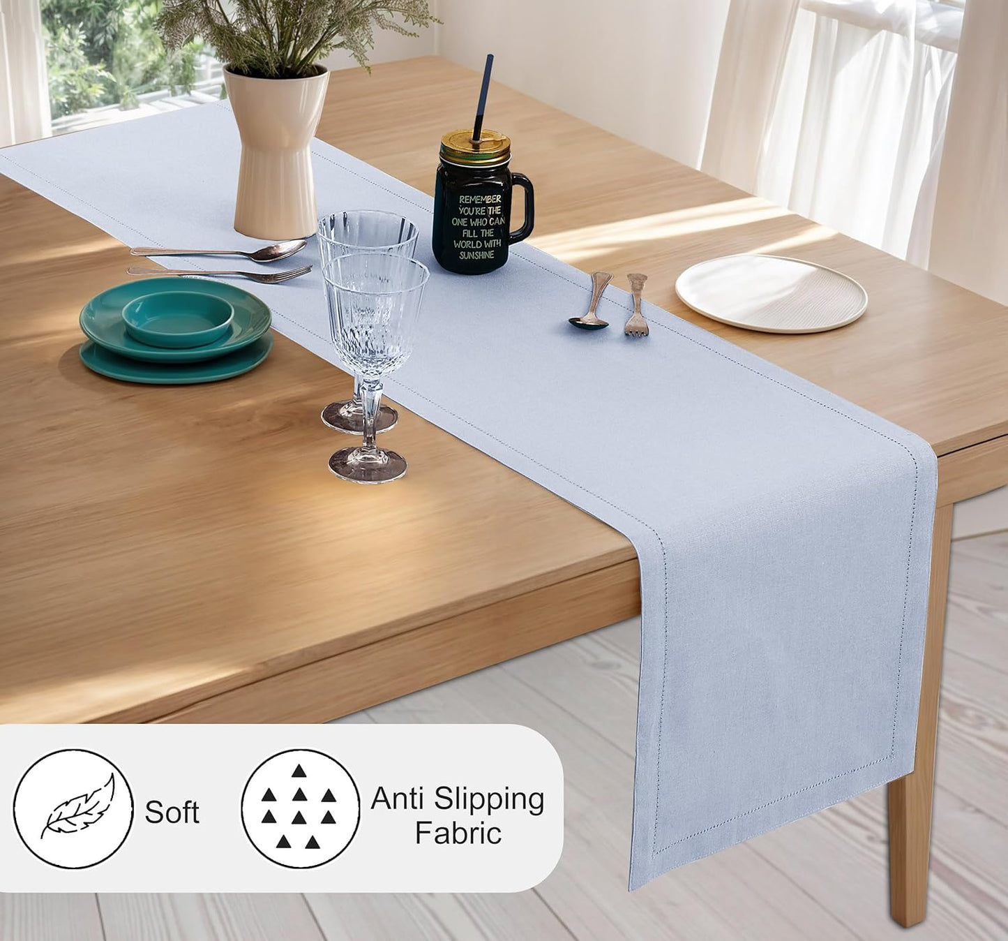 Ruvanti Linen Table Runner 72 Inches, Classic Hemstitch, Washable, Reusable, Non-Slipping, Stain Resistant- Perfect for Parties, Weddings, Dinners, Thanksgiving, Christmas, Indoor use – Arctic Ice