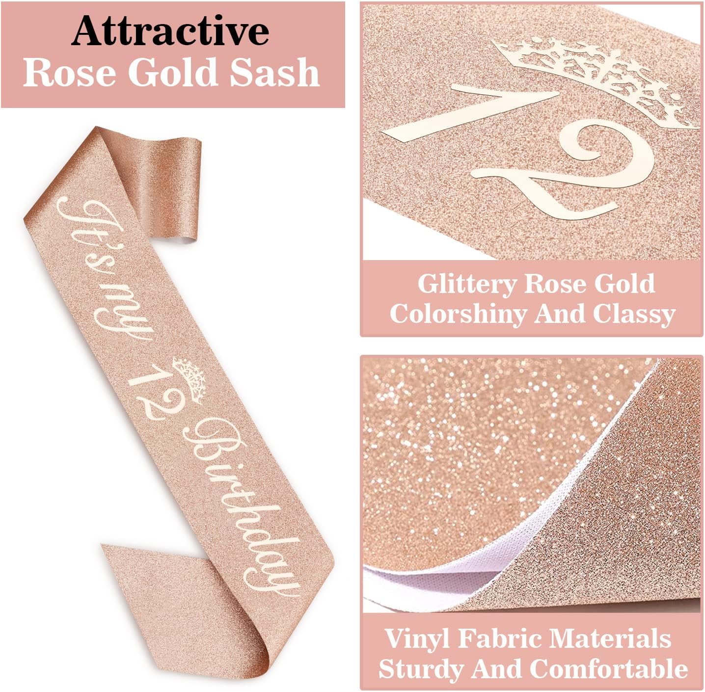 12th Birthday Decorations for Girls Including Sash, Crown/Tiara, Candles and Cake Topper, Rose Gold 12 Year Old Birthday Party Decorations for A Girl