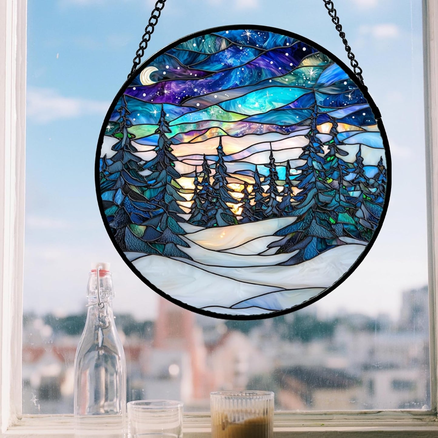 Stained Glass Window Hanging, Starry Sky Trees and Snow Sun Catchers Glass Panel Blue Suncatcher Decor for Birthday for Women, Men, Wife, Aunt, and Mom 14.9x14.9 in