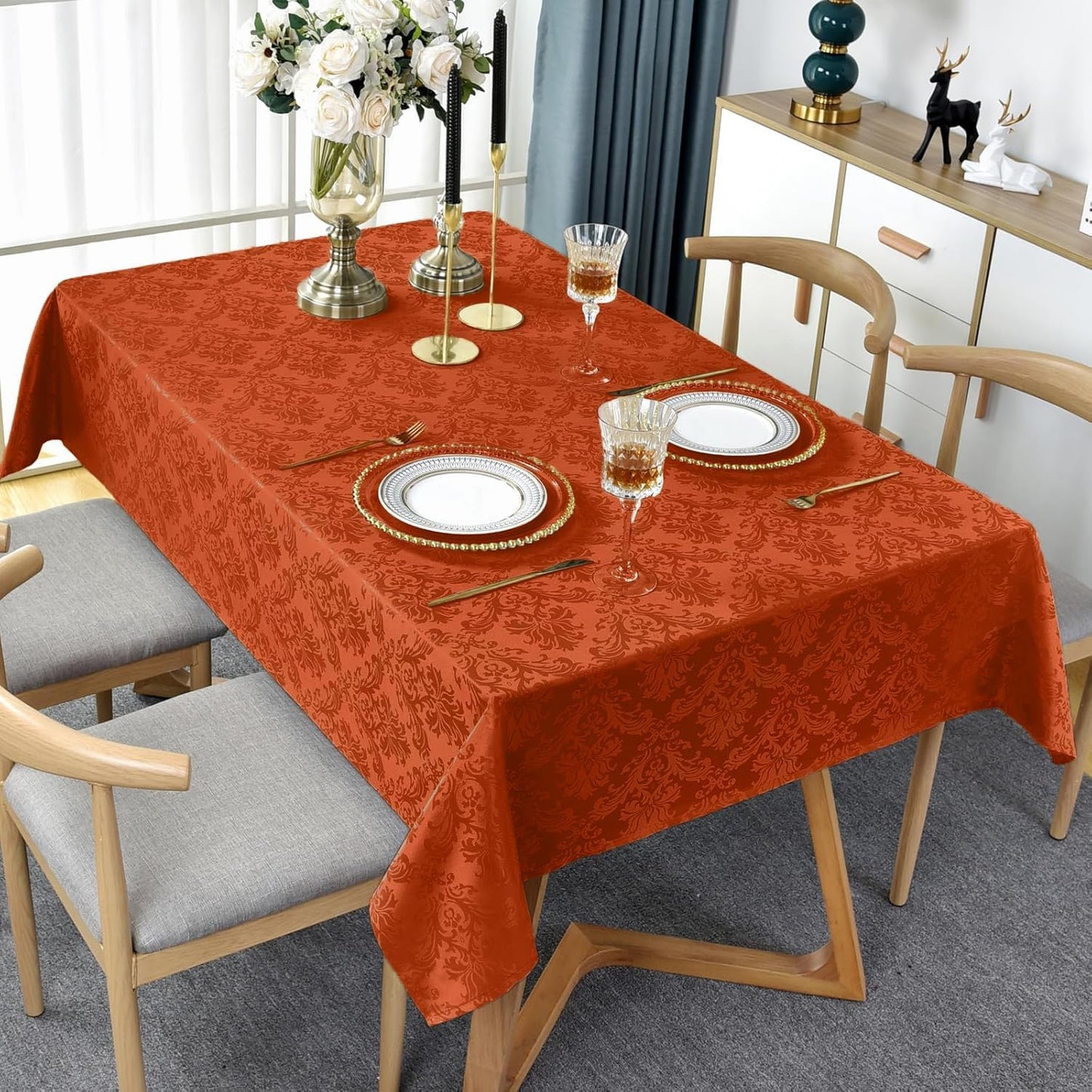 SASTYBALE Jacquard Tablecloth for Square Tables, Heavy Weight Damask Table Cloth Square, Autumn Polyester Table Cover for Kitchen Parties Thanksgiving Farmhouse, Rust 52×52 Inch