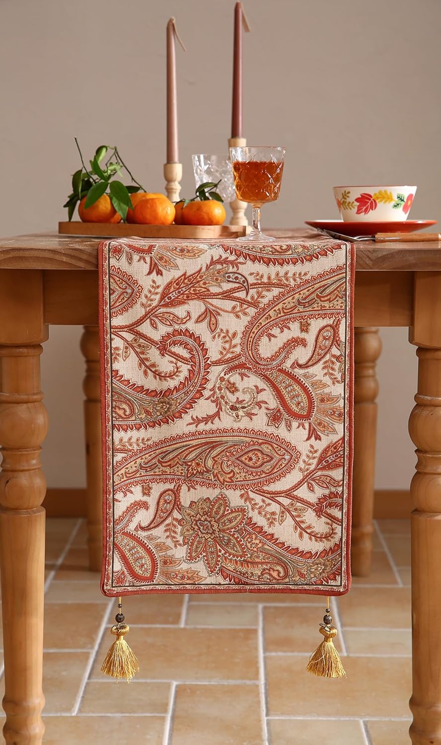 ISAENNE Designer Elegant Red Linen Table Runner 71 Inches Long,Vintage Paisley Pattern Durable Table Runners for Dining Tables,Thanksgiving,Kitchen Tables,Christmas,12"*71"-Chauffrey A