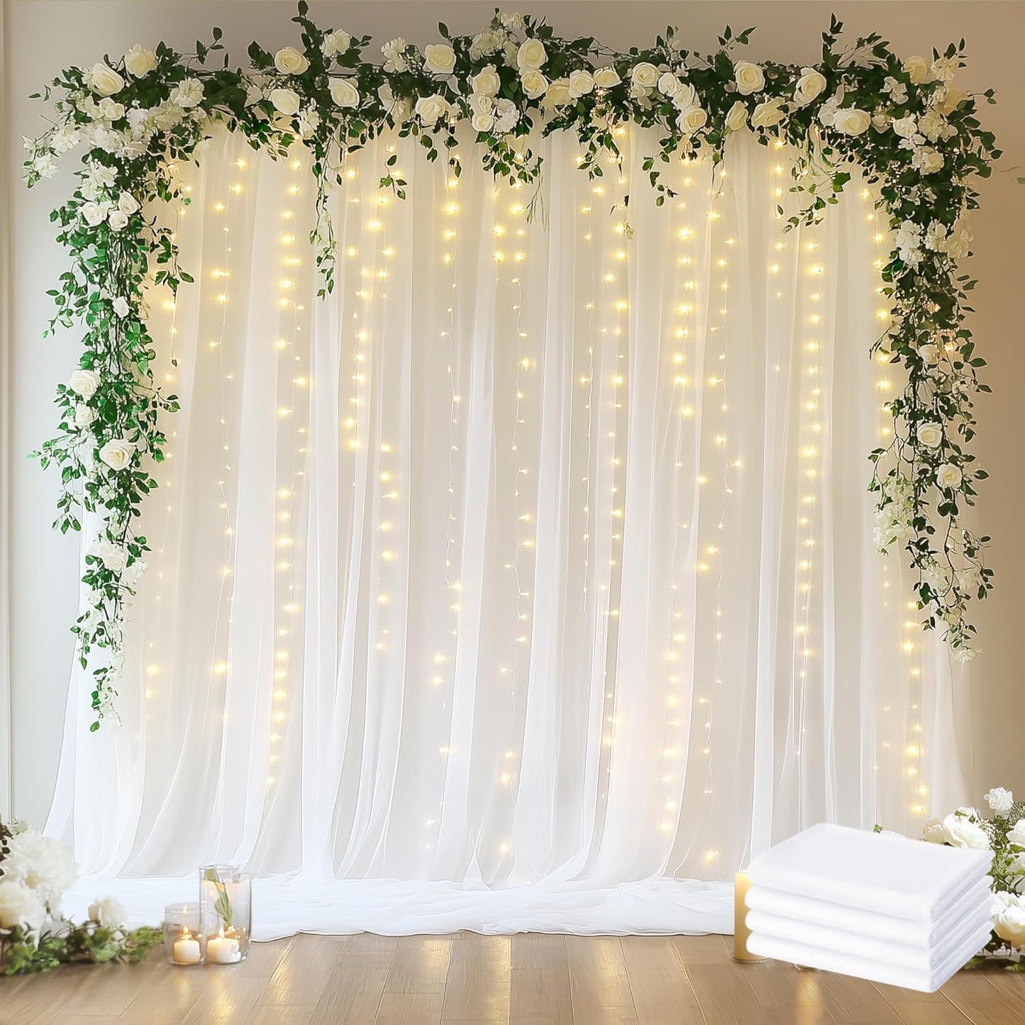 Fomcet Tulle Backdrop Curtains White 20FT X 10FT Tulle Curtains with Lights String Sheer Backdrop Curtain for Parties Wedding Baby Shower Photo Shoot Decorations (4 Panels 5 x 10FT)