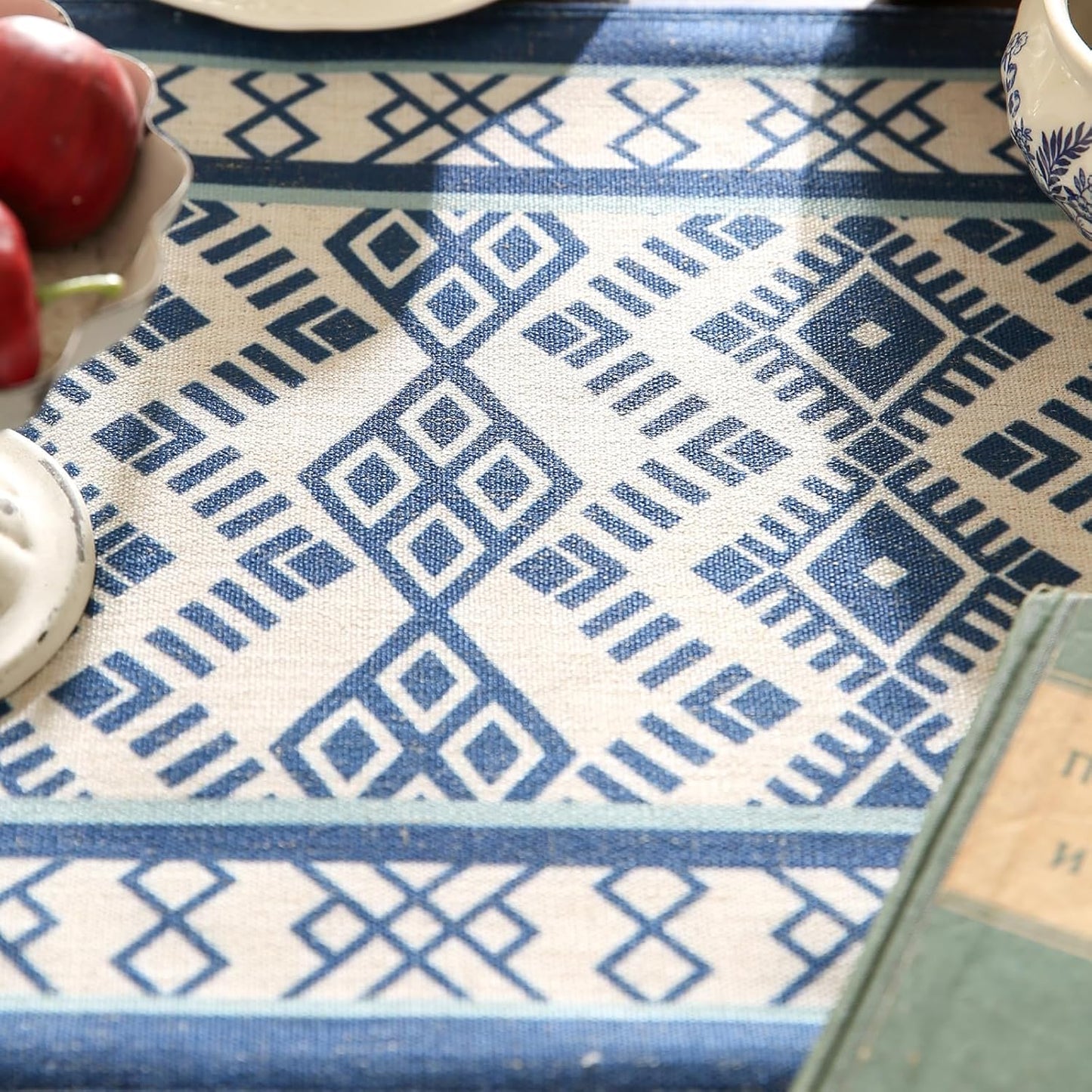 Chinoiserie Blue Stripe Cloth Runner for Table,Decorative Farmhouse Linen 87 Inches Long Table Runners,Decor Tabletop for Kitchen,Dining,Party,Home,Christmas,12"*87"