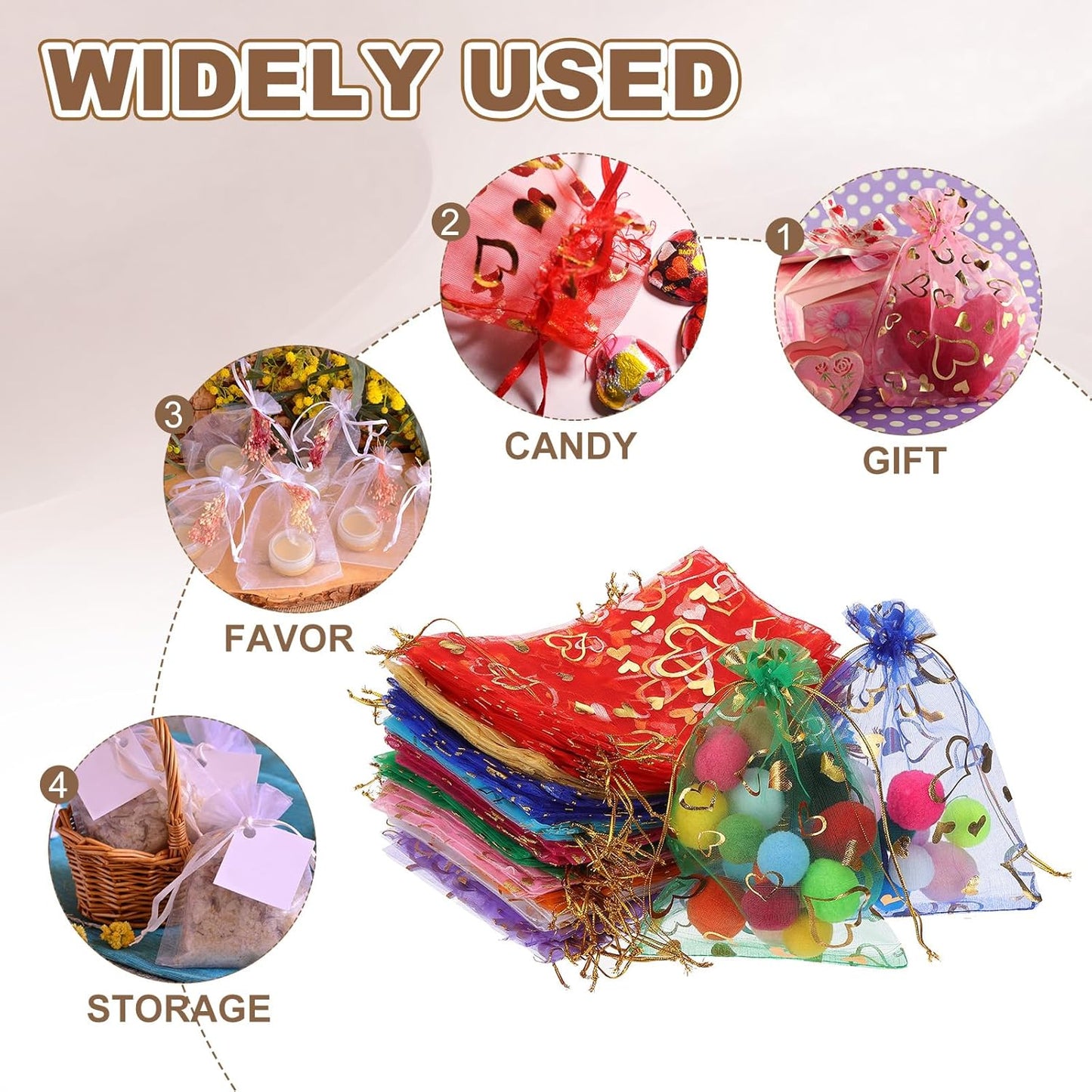 PATIKIL 100 Pcs 5x7 Inch Heart Printed Organza Bags, 10 Color Sheer Heart Organza Bags with Drawstring for Christmas Candy Jewelry Party Wedding Favor Gift