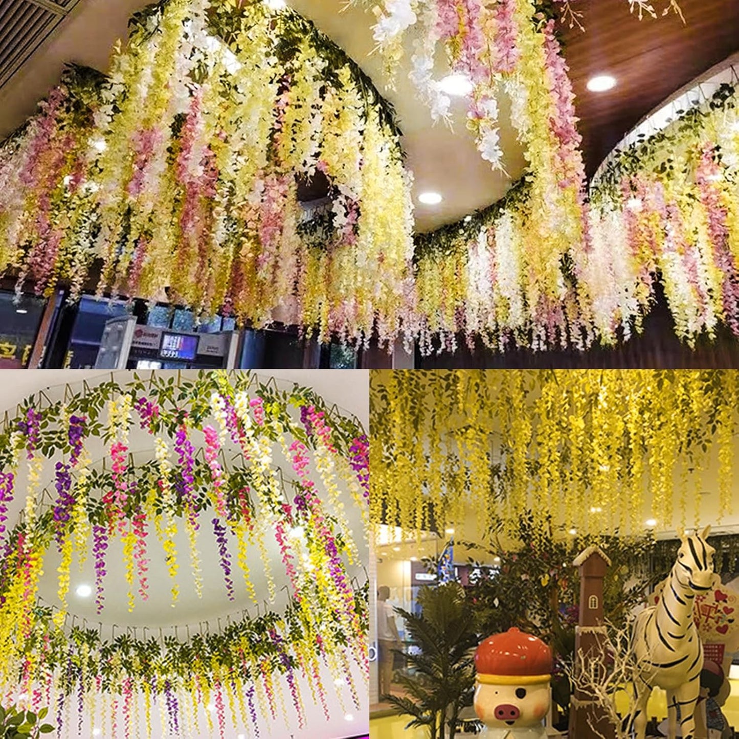 24 Pack Wisteria Hanging Artificial Flowers Fake Flowers Ratta Hanging Garland Silk Flowers String for Home Garden Party Wedding Backdrop Arch Decor (Yellow)