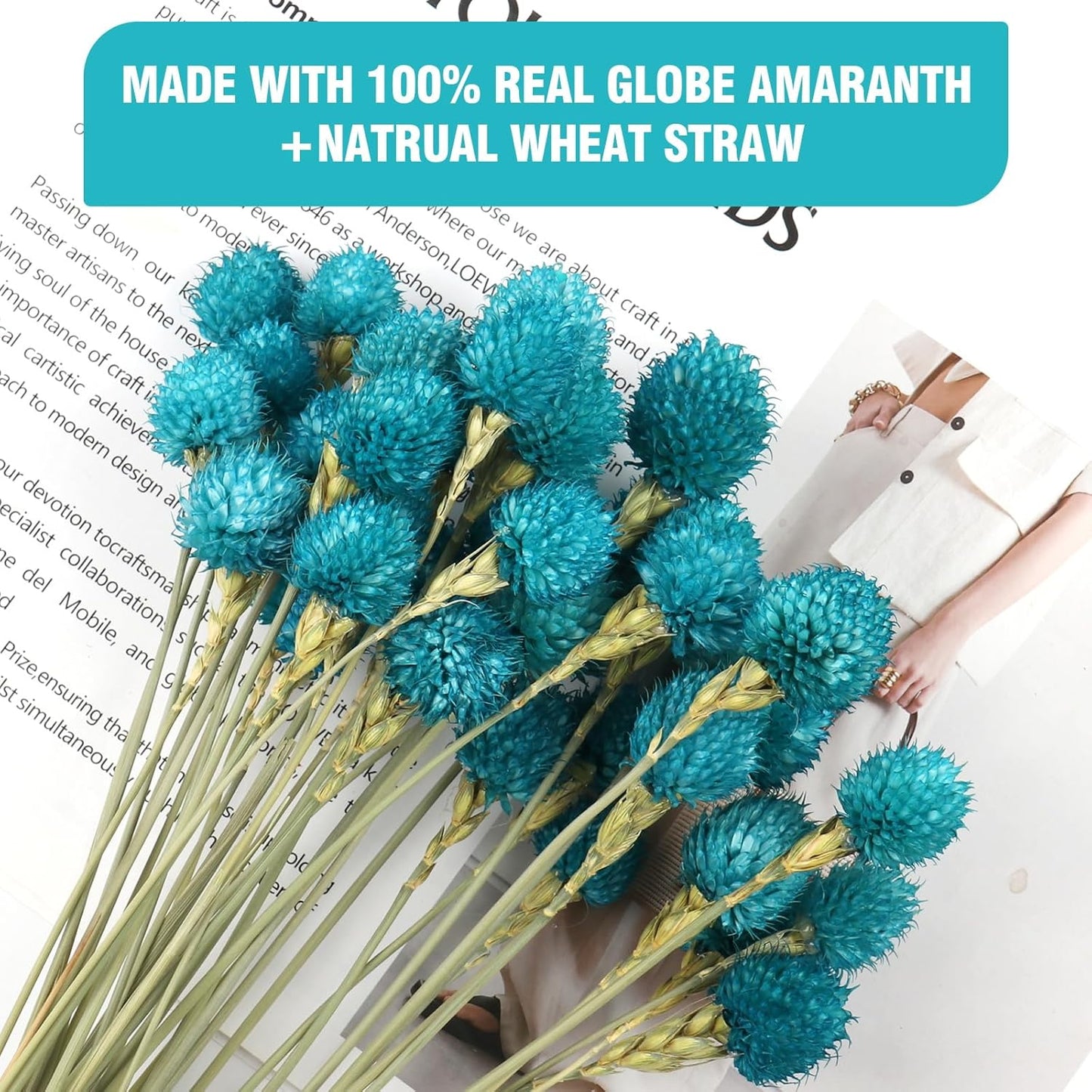 Dried Flower Tiffany Blue Globe Amaranth with Wheat Straw Natural - 40PCS Bouquet for Vase Home Decor Party DIY Arrangement