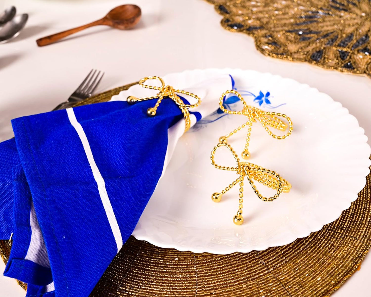 Napkin Rings Set of 12, Holiday Napkin Holders, Metal Napkin Rings for Safari Theme Table Décor Handmade for Holiday, Weddings, Receptions, Banquets, Events, Bow Shape, Gold - ALPHA Living HOME