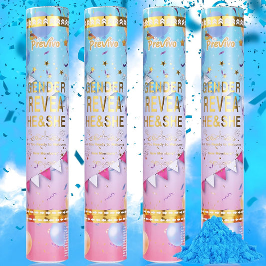 Previvo Gender Reveal Confetti Powder Cannon - 4 Pack Blue Baby Gender Reveal Poppers - 100% Biodegradable Powder Smoke - Ideas Party