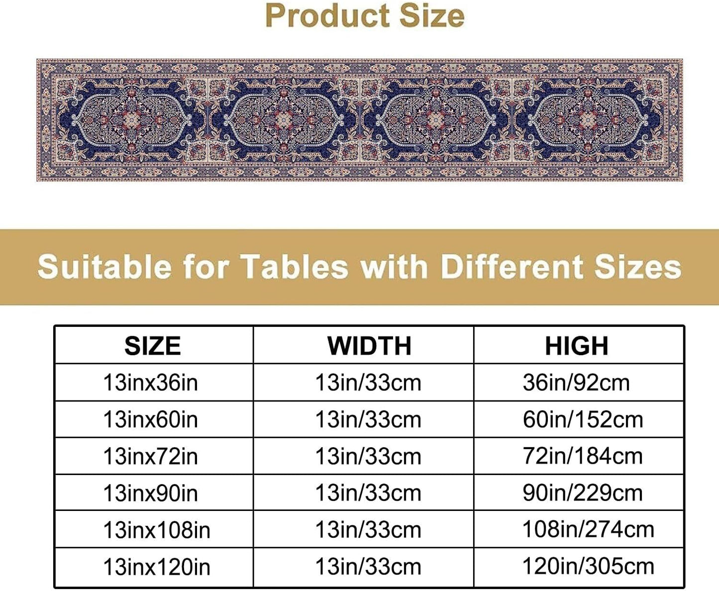 Vintage Boho Floral Table Runner, French Rustic Country Farmhouse Purple Golden Bohemia Flower Pattern for Home Kitchen Table Decor Dining Coffee Room Party Decor 13x36in