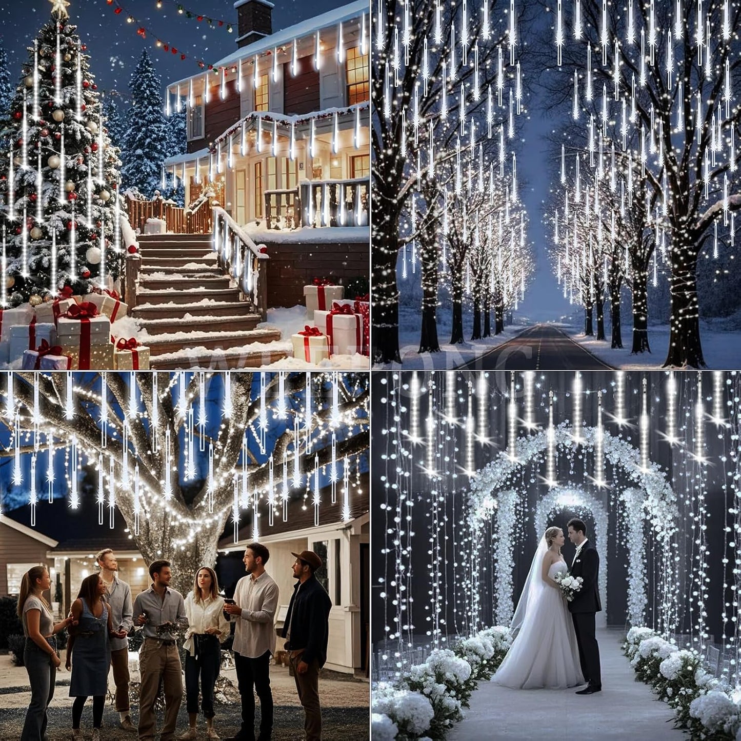 Christmas Lights Outdoor UL Certified Meteor Shower Lights 12 Inch 8 Tubes 192 LED Falling Rain Drop Icicle Snow Cascading Light for Xmas Tree Wedding Party Garden Decoration, White