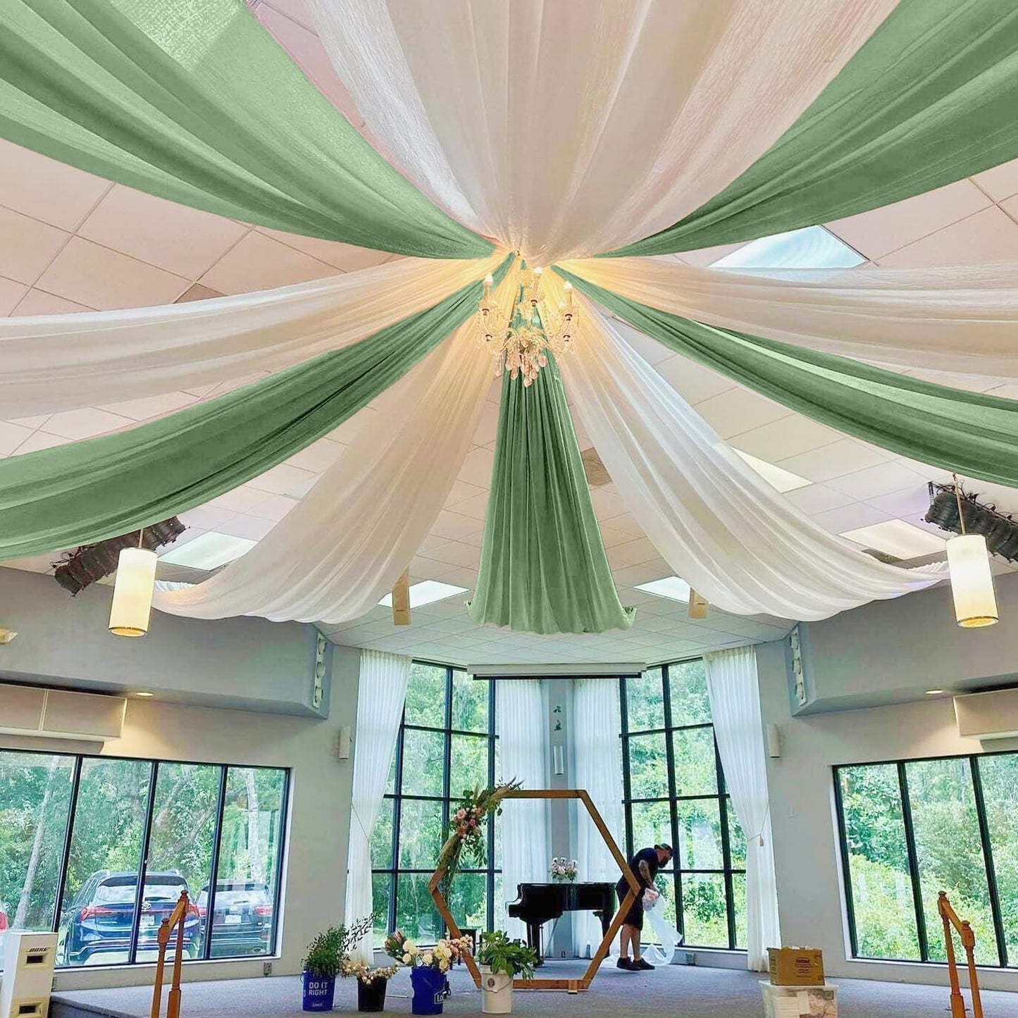 MODFUNS Sage Green Wedding Arch Draping Fabric 5x20ft 4 Panels Sheer Ceiling Curtain Chiffon Swag Curtain Romantic Tulle Arbor Draping for Party Banquet Hall Decoration