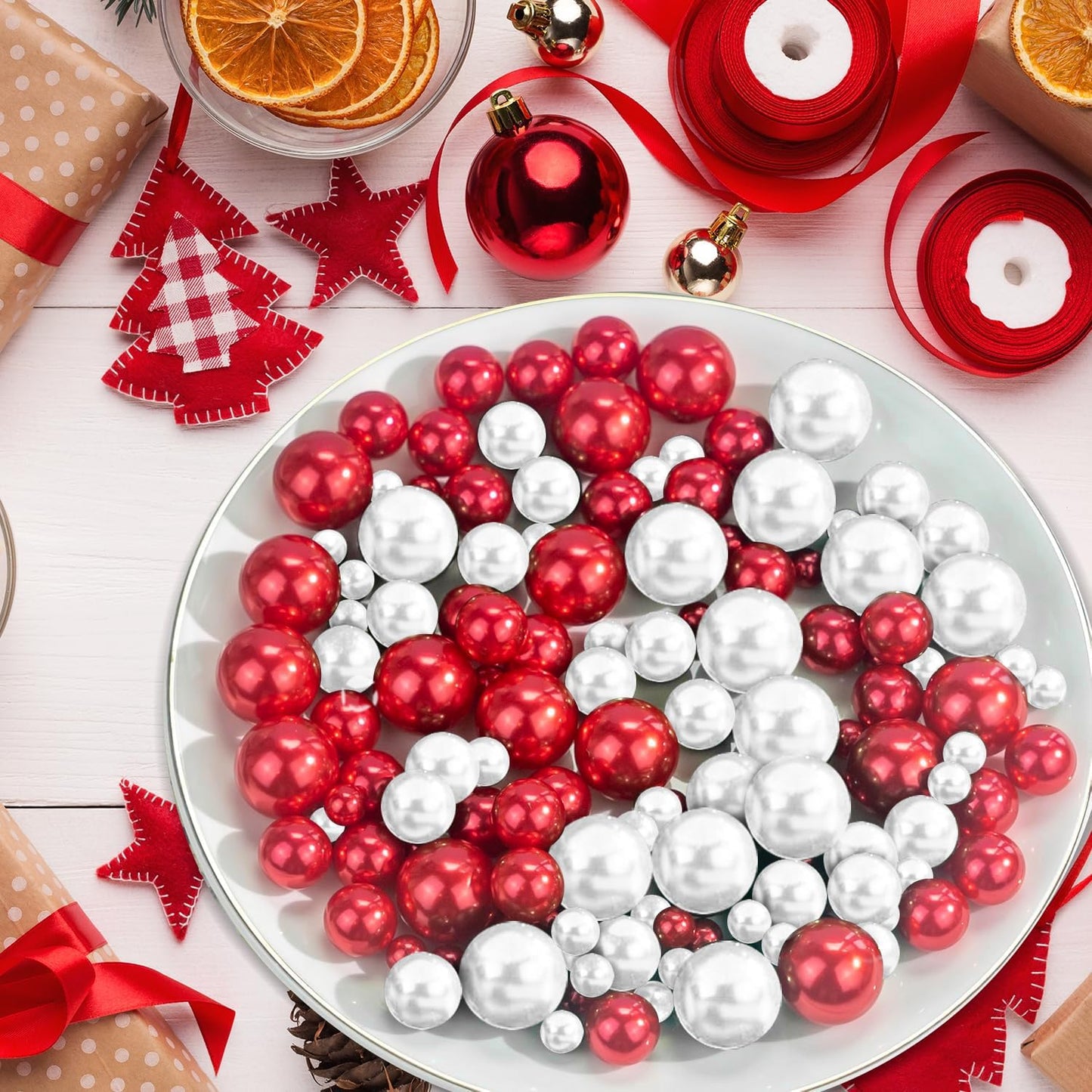 300Pcs Red&White Polished No Hole Pearl Beads Vase Filler, Christmas Vase Filling Decorations, Plastic Pearls, Table Scatters, Wedding Home Decor, 8/14/20 mm