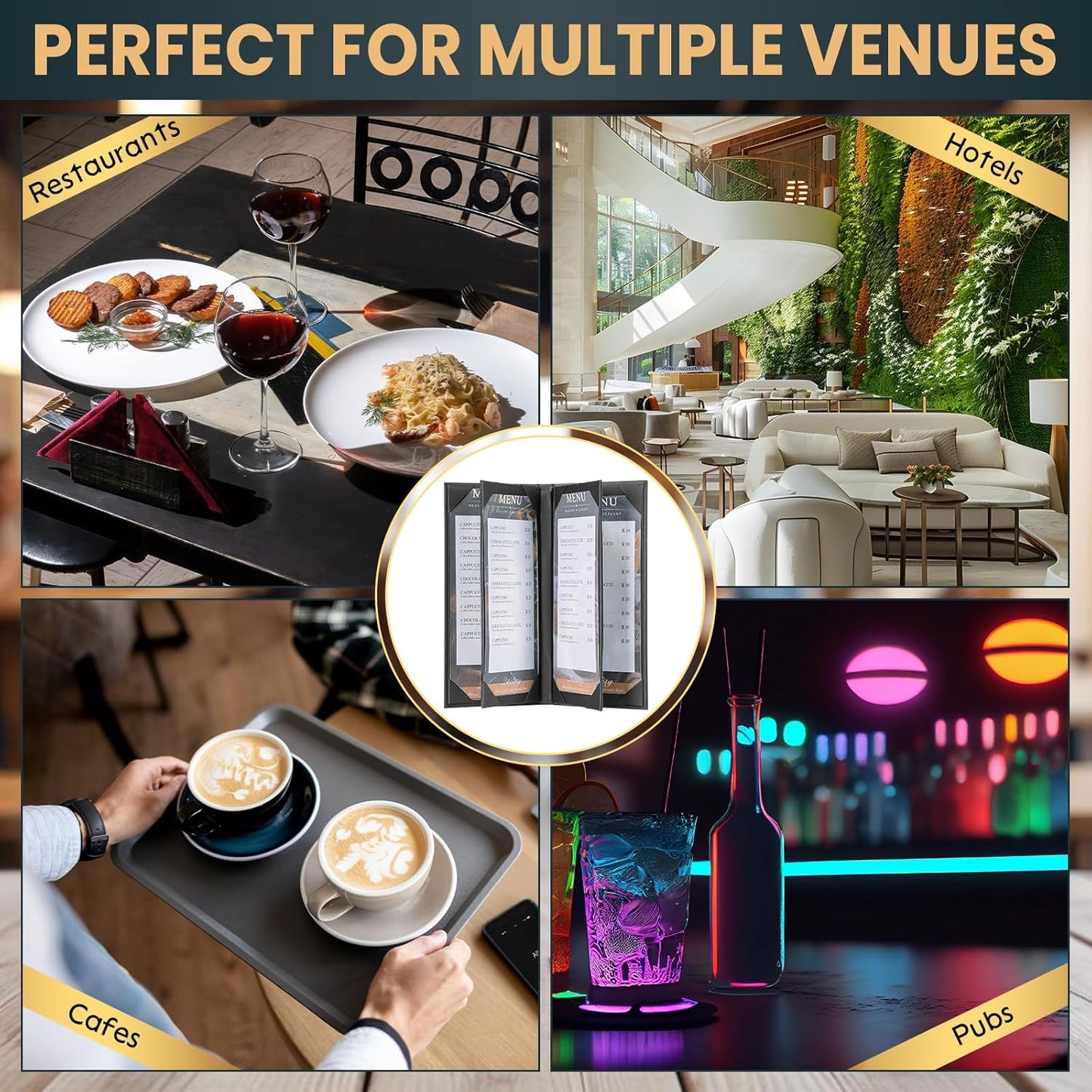 12 Pack 6 View Menu Holder Menu Covers 4.25" x 11" | Black Leather Menu Sleeves Book Style for Restaurant Coffee Bars Wine List