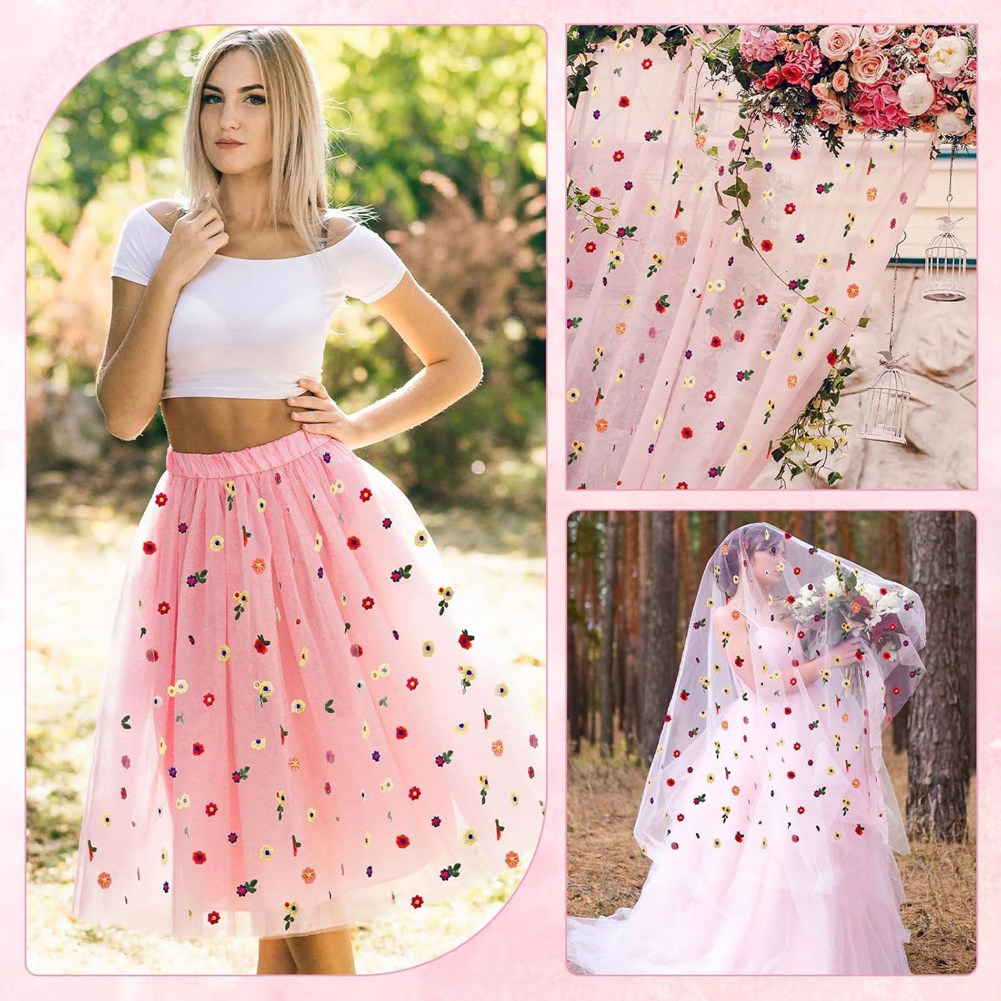 3PCS Pink Floral Table Runner 10 FT, Embroidery Daisy Table Runners Seasonal Sheer Tulle Table Runner for Thanksgiving Wedding Birthday Baby Shower Party