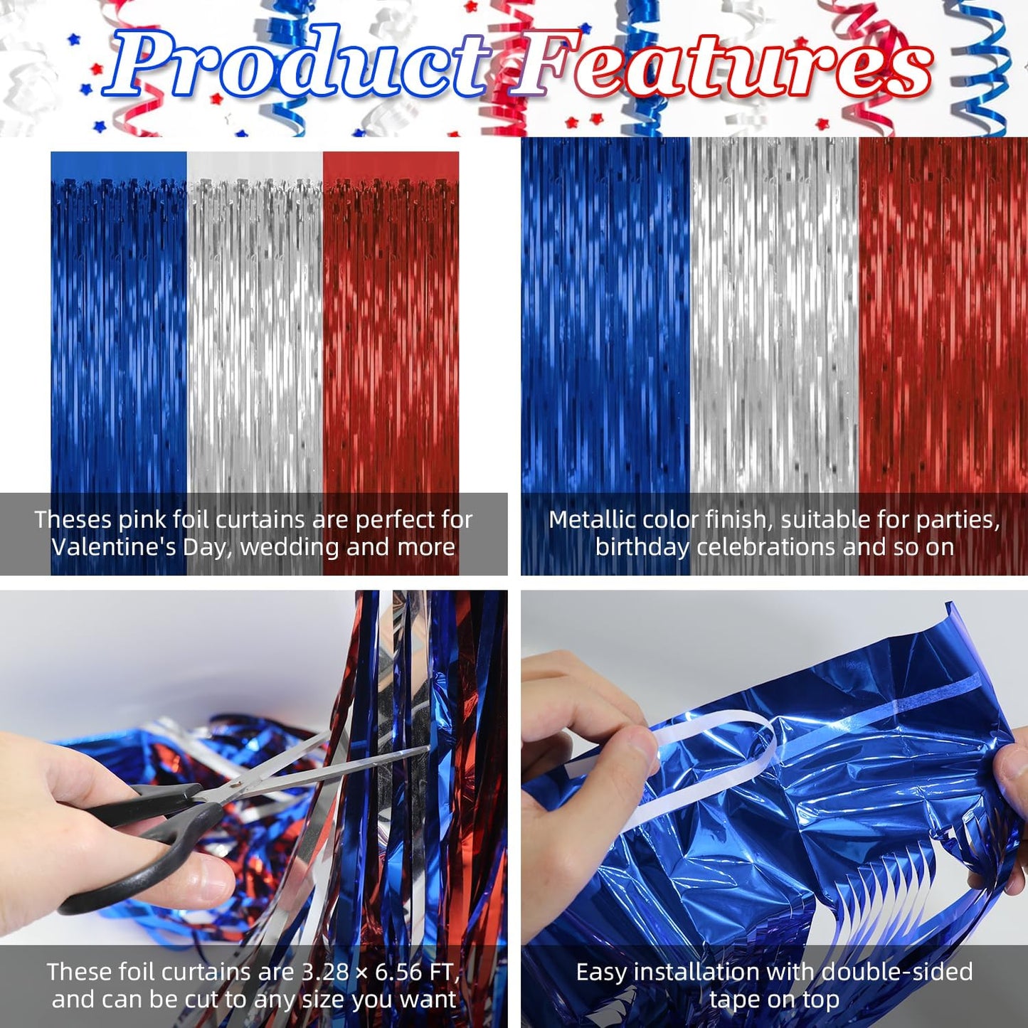 4 Pack 4th of July Party Supplies,3.28 Ft x 6.56 Ft 4th of July Tinsel Backdrop,Blue Silver Red Color Fringe Curtains Streamer Backdrop,4th of July Photo Backdrop Party Decorations