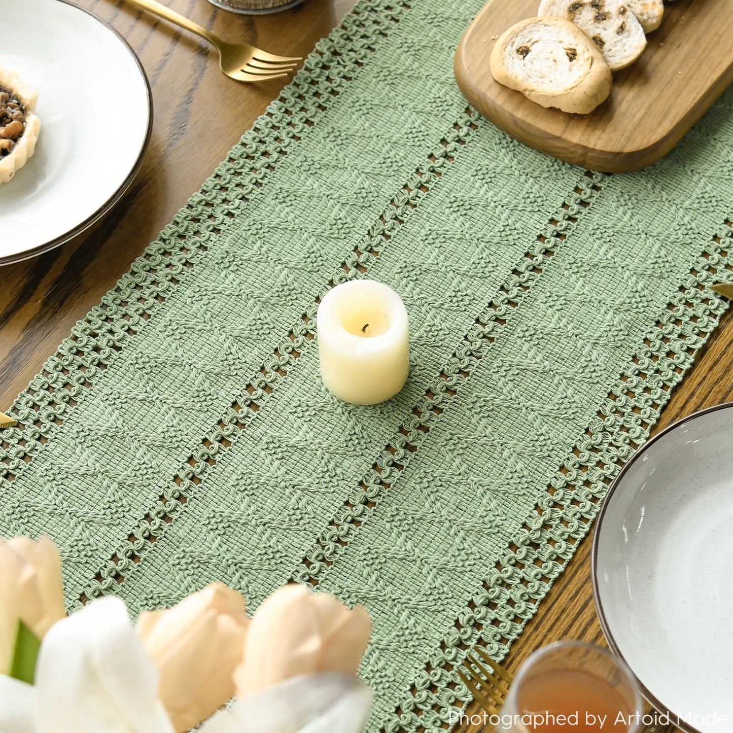 Artoid Mode Light Green Farmhouse Woven Rustic Hollow Table Runner, Seasonal Holiday Hollow Kitchen Dining Table Decoration for Home Party Decor 12x120 Inch
