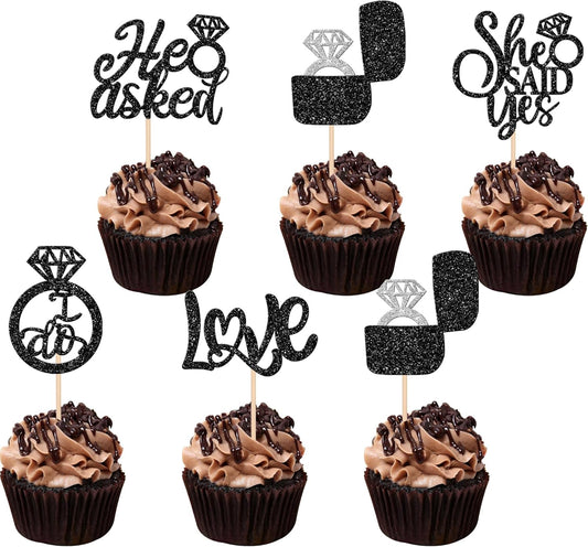 30 PCS He Asked She Said Yes Cupcake Toppers Love I Do Diamond Ring Cupcake Picks for Wedding Enaggement Bridal Shower Party Cake Decorations Supplies Black