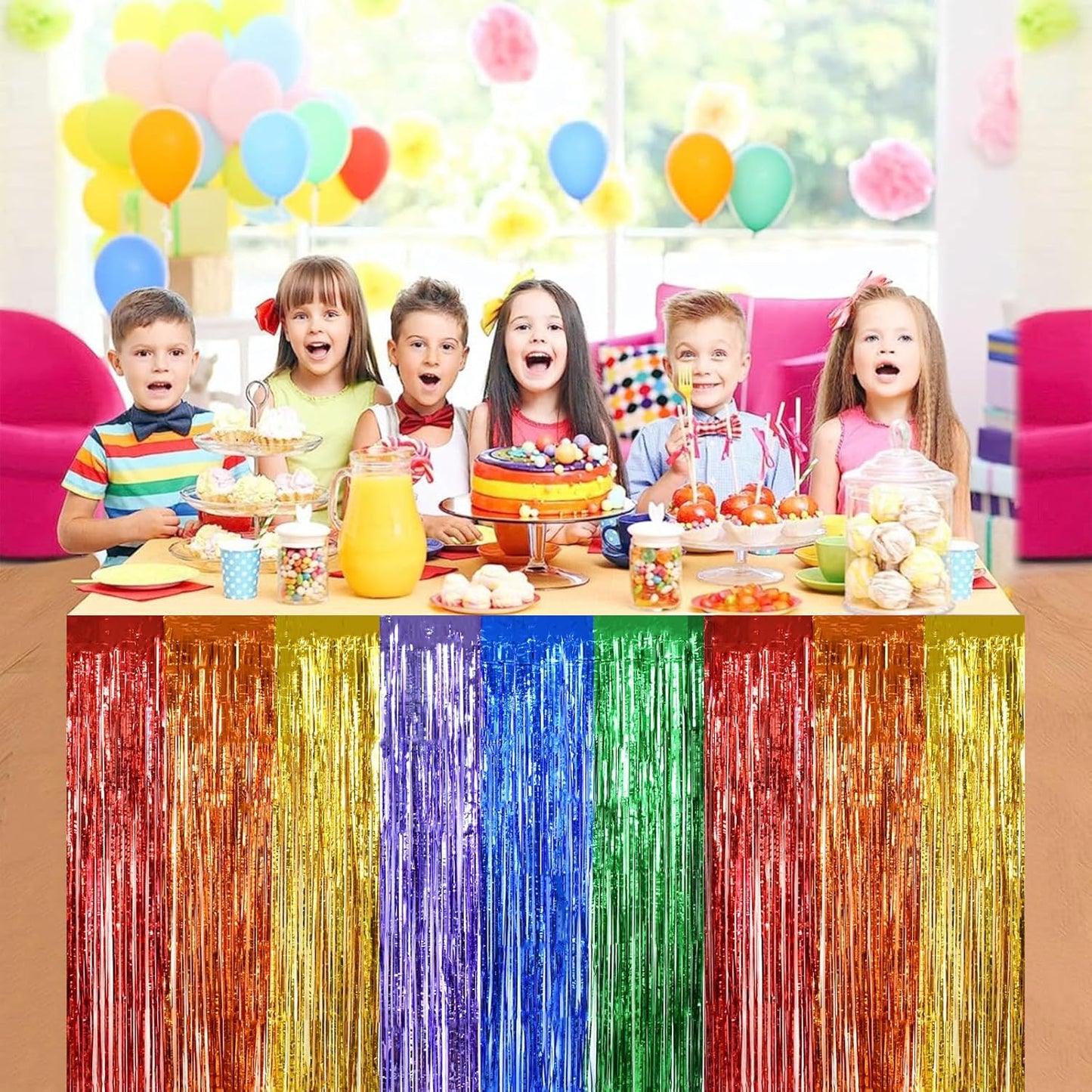 BEISHIDA 2 Pack Rainbow Metallic Tinsel Foil Fringe Table Skirts for Rectangle and Round Tables - Kids' Birthday, Baby Shower, Holiday Party Decor