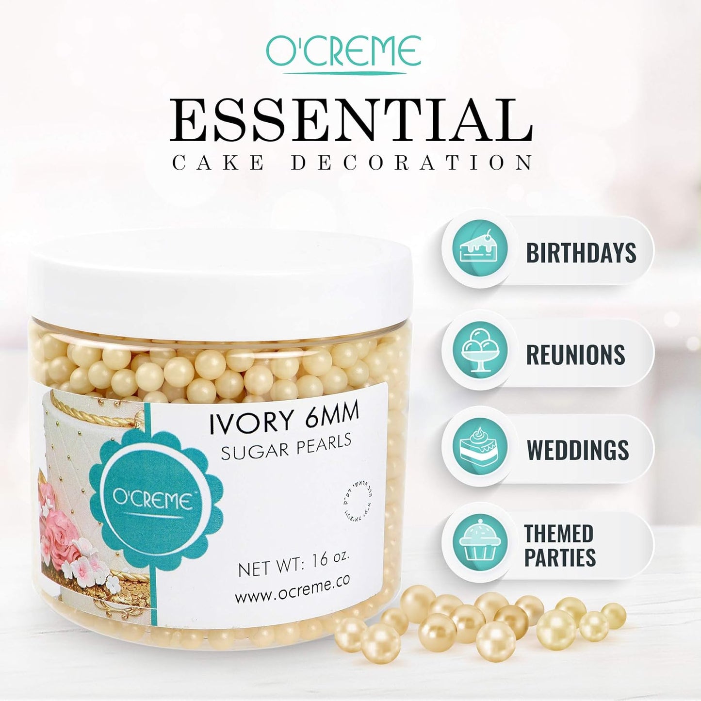 O'Creme Ivory Edible Sugar Pearls Cake Decorating Supplies for Bakers: Cookie, Cupcake & Icing Toppings, Beads Sprinkles For Baking, Certified, Candy Sugar Ball Accents (5mm, 11 Lbs)