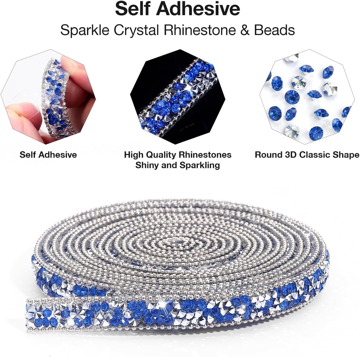 Self Adhesive Rhinestone Ribbon Diamond Ribbon Sticker Crystal Roll Glitter Bling Rhinestones Tape for Crafting DIY Art Decoration (Silver and Blue, 0.4 Inches*3 Yards)