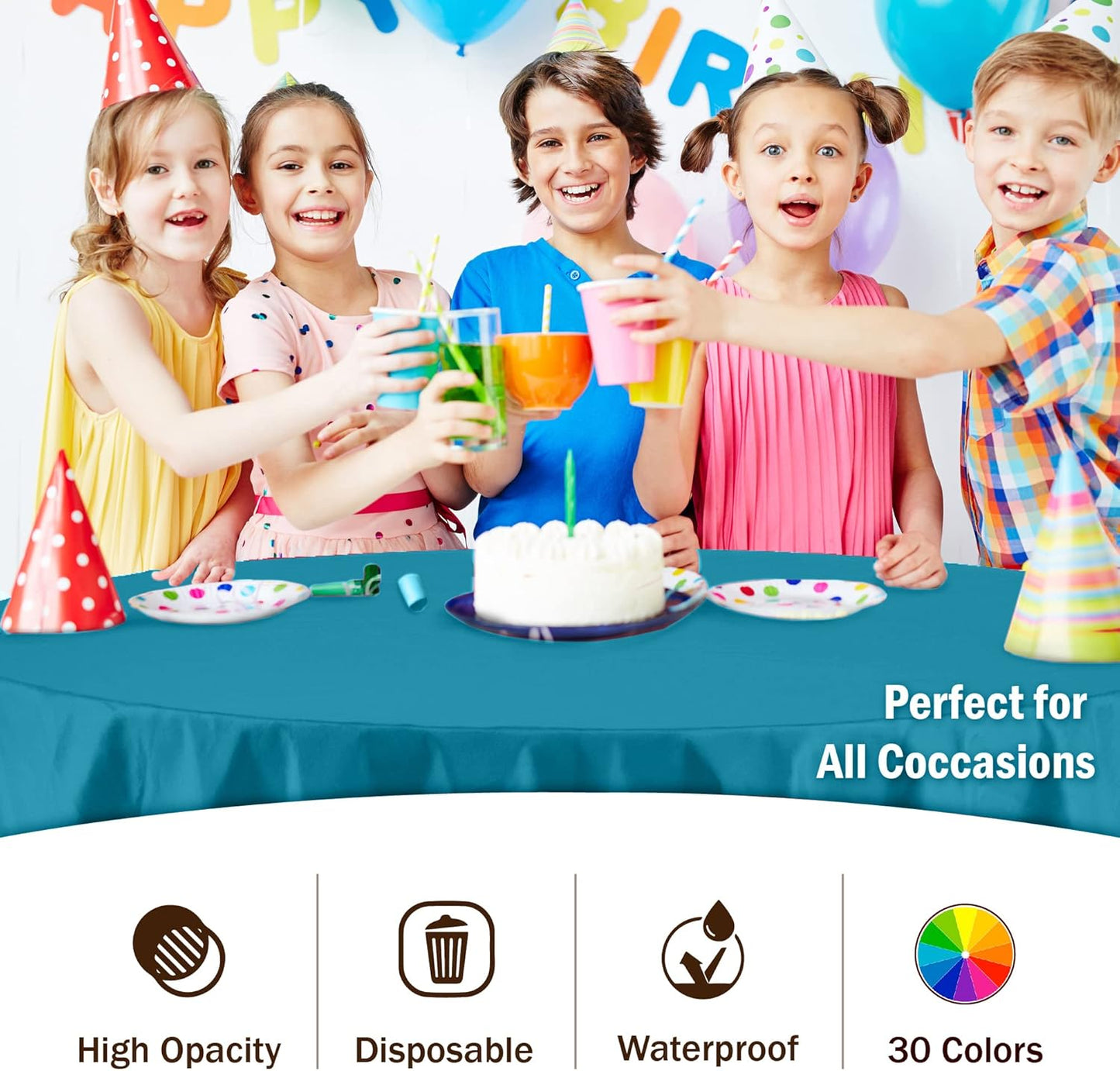 Party Solids Pack Of 12 Premium Plastic Tablecloth 84 Inch Round Table Cover - Turquoise