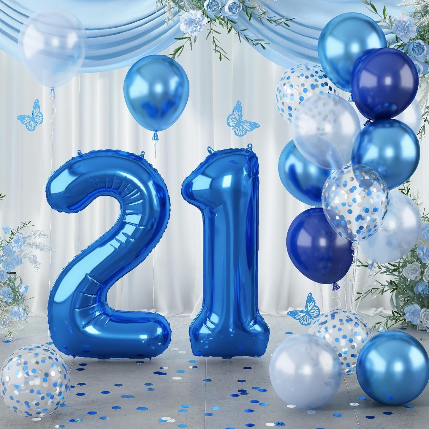 Foil Number Balloons 21, 40'' 21st Birthday Balloon with Pastel Navy Dark Blue Silver Confetti Helium Balloon, Self Inflating Big 21 Balloon Number for Men Birthday Party Anniversary Decor Supplies