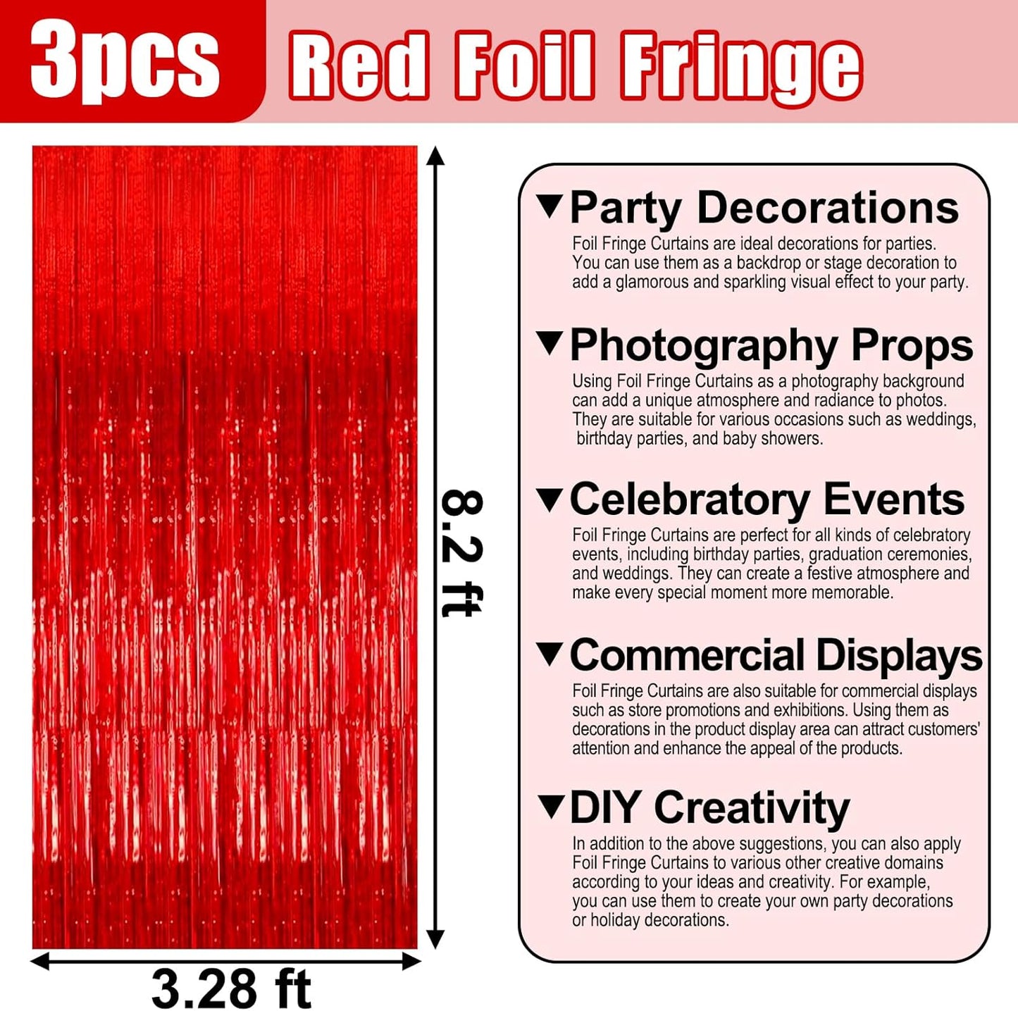 3 Pack Red Foil Fringe Curtain Backdrop, 3.28Ft x 8.2Ft Metallic Tinsel Foil Fringe Streamer Curtains for Photo Booth, Christmas Day, Thanksgiving, Wedding, New Year Party Decorations