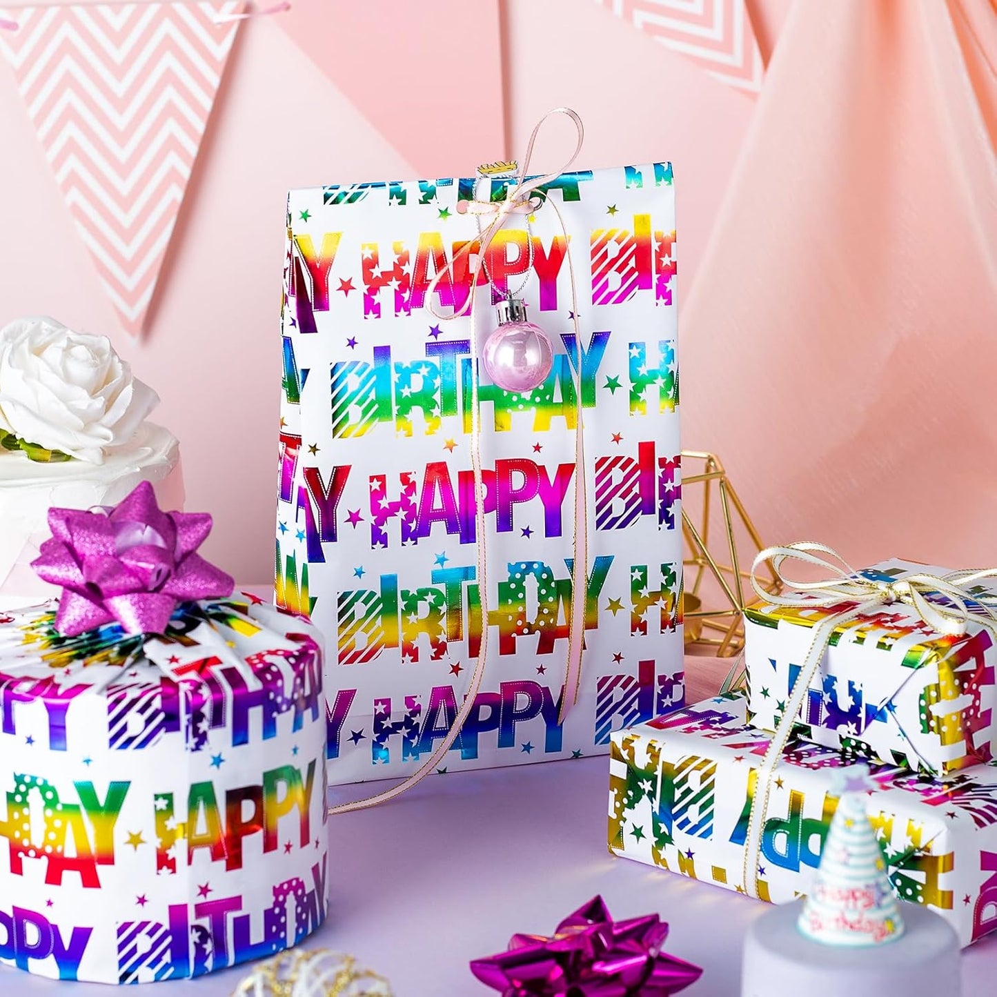 Yarcony Birthday Wrapping Paper Roll, Mini Roll Gift Wrapping Paper, Colorful Foil Girl Happy Birthday Gift Wrap Rainbow Present Paper for Boys Girls, Holiday,Party,Baby Shower(17 Inch X 16.5 Feet)