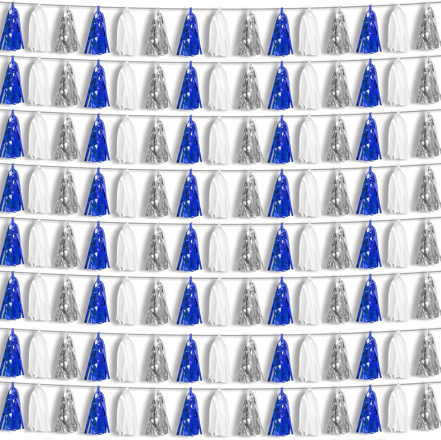 8P Navy-Blue White-Silver Tassel Garland Banner, Tassels Banner Streamers for Parade Floats, Bachelorette, Wedding, Birthday, Halloween, Christmas, Bridal/Baby Shower Gratulations Party Decorations