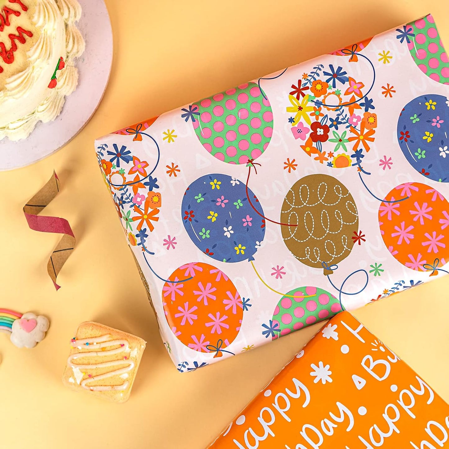 LeZakaa Reversible Birthday Wrapping Paper Roll for Girls Women, Happy Birthday Lettering, Orange Flower Balloon Design, Mini Roll, 17 inches x 32.8 Feet (46.45 sq.ft.)
