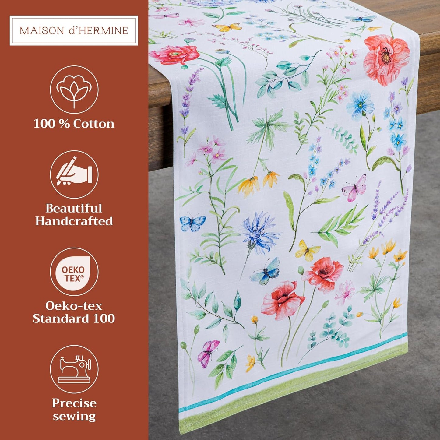 Maison d' Hermine Table Runner 100% Cotton Double Layer Table Runners 72 inches Long Decorative for Kitchen Dining Party Baby Shower Wedding Bridal Shower Spring Summer (Just Floral, 14.50" x 72")