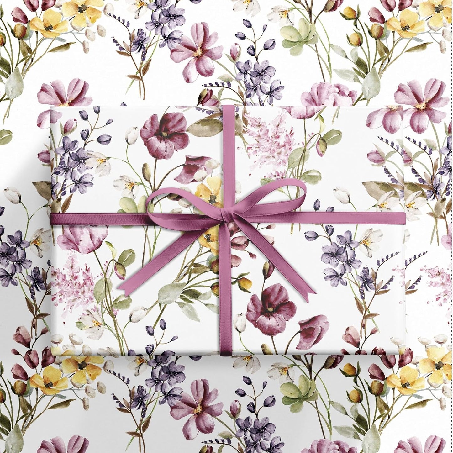 RUSPEPA Floral Wrapping Paper Roll Women Girls, Mini Roll, Watercolor Wild Flower with Delicate Leaf Gift Wrap Paper for Wedding, Birthday, Mother's Day, Spring, Bridal Shower, 17 Inch X 16.4 Feet