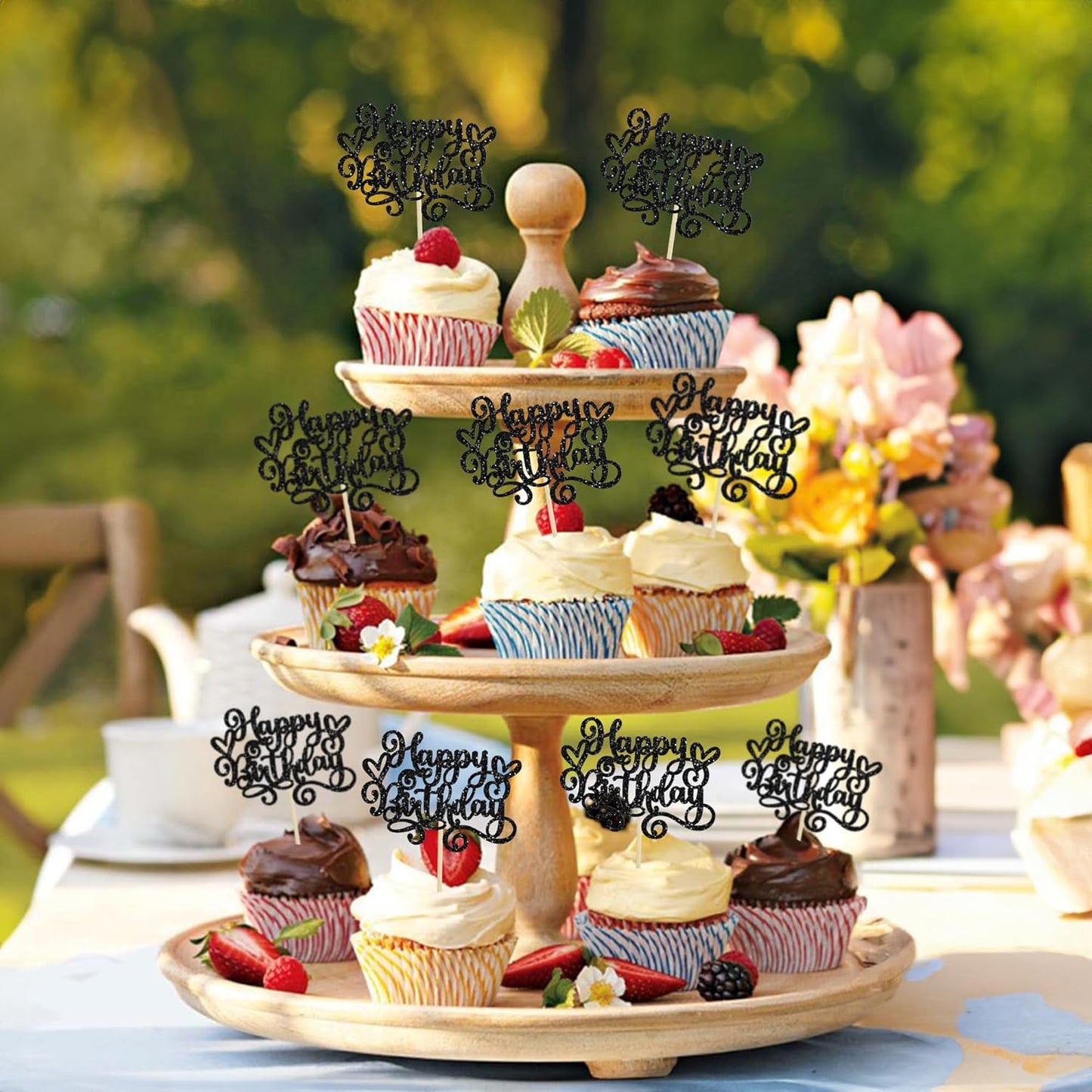 Gyufise 24Pcs Happy Birthday Cupcake Toppers Glitter Happy Birthday Cupcake Picks for Celebrating Happy Birthday Anniversary Theme Party Cake Decorations Supplies Black