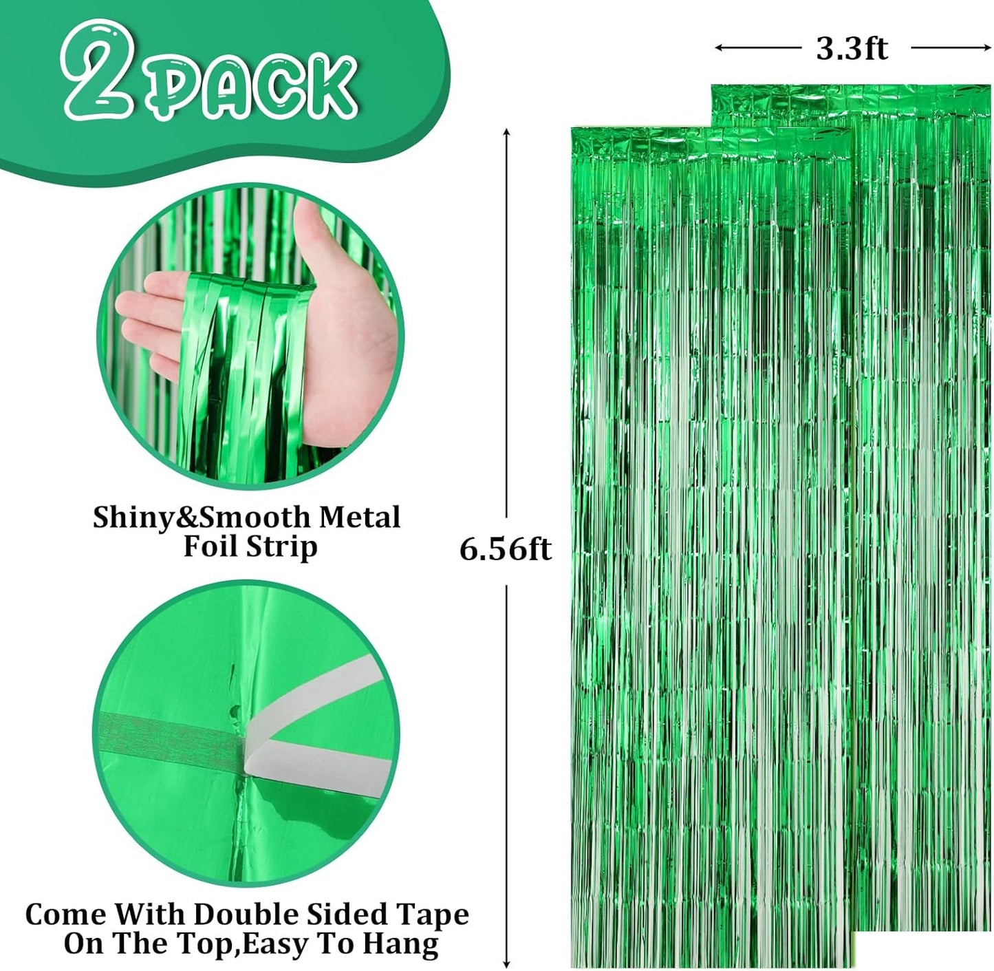 2 Pack Green Foil Fringe Backdrop Curtains, Tinsel Streamers Birthday Party Decorations, Fringe Backdrop for Graduation, Dinosaur Theme, Green Party